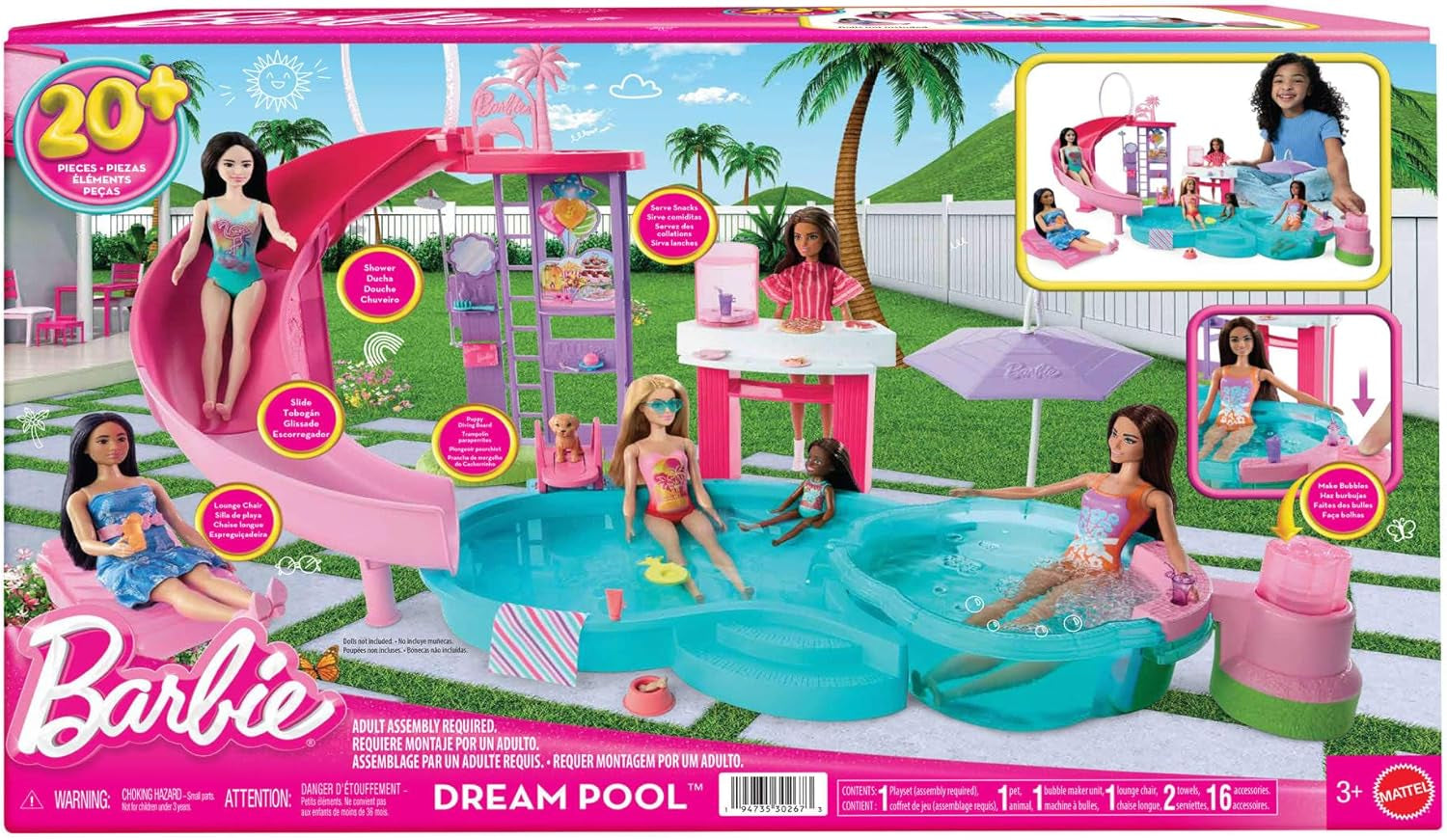 Hrací sada Barbie Dream Pool se šesti hracími plochami včetně skluzavky a jacuzzi, plus více než 20 doplňků, jako je domácí mazlíček, plovací kruhy a další, JKG83