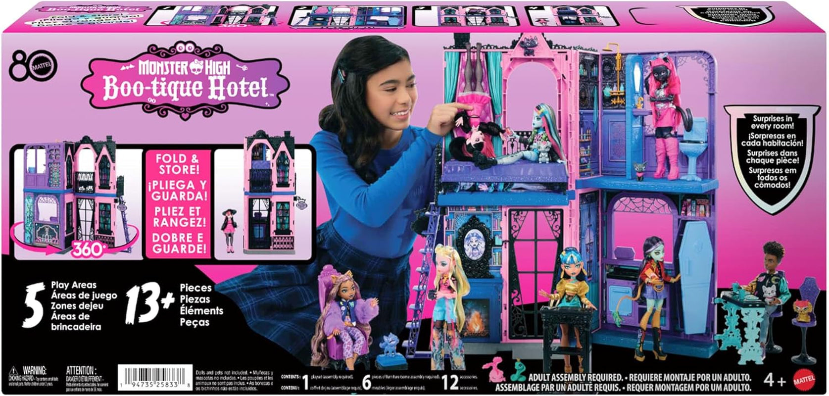 Hotelový domeček pro panenky Monster High Buh-tique, skládací herní sada s děsivými překvapeními v každém pokoji a 13+ herních sad, včetně nábytku a doplňků, JBF16