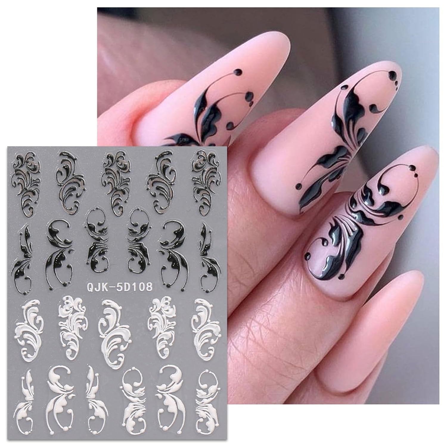 JMEOWIO 3D Nálepka na nehty Schwarz Weiß Blume Nálepka na nehty Selbstklebend Nagelaufkleber 5D Stereoskopisch Blumen Dekoration Nageldesign Zubehör 4 Blatt