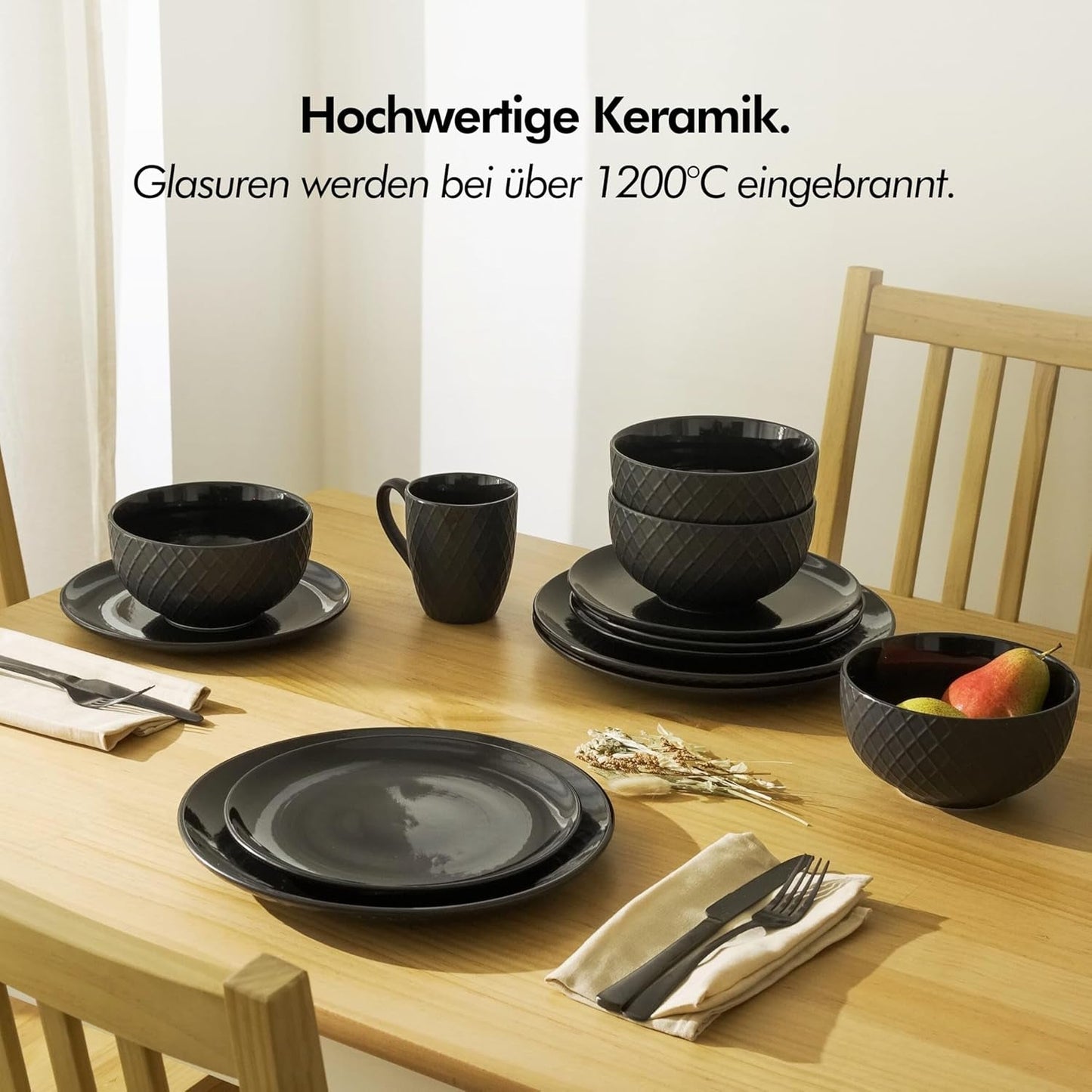 KIVY Geschirrset 6 Personen[Kratz & Spülmaschinenfest] 6x27cm + 6x22cm - Teller Set 12dílný moderní - Geschirr Set - Kombiservice - Geschirrset - Teller Set Schwarz - Teller Schwarz Matt