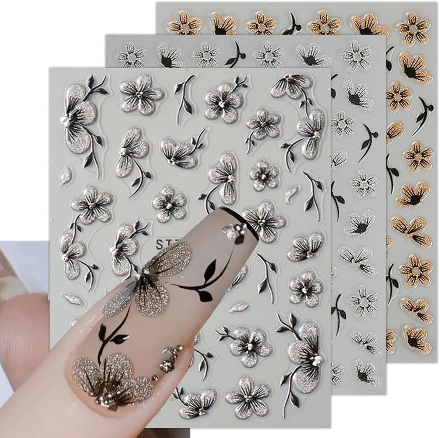 JMEOWIO 6 Blatt 3D Nálepka na nehty Blumen Nálepka na nehty Selbstklebend Nagelaufkleber 5D Stereoskopické Frühling Letní Blumen Dekorace Nageldesign Zubehör