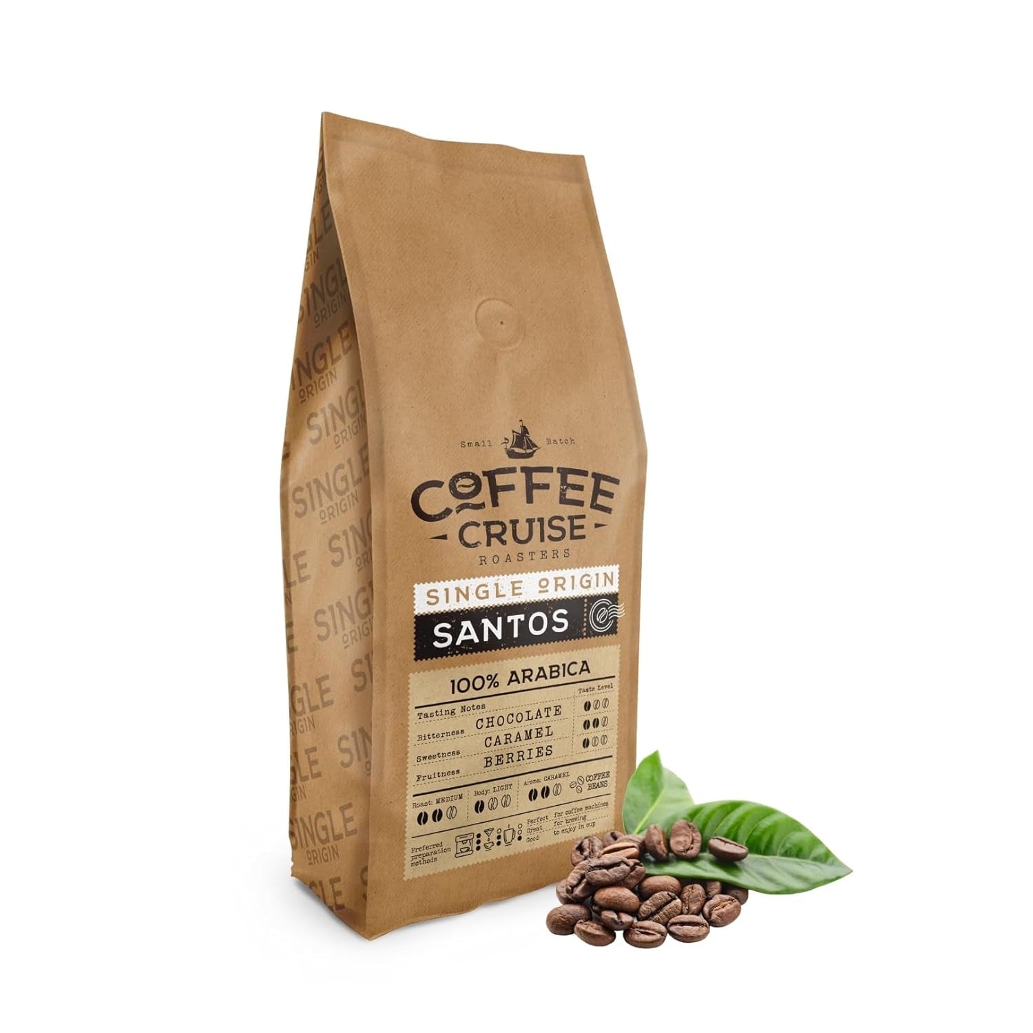 COFFEE CRUISE Santos Kaffeebohnen 1kg - Mittlere Röstung - Aroma Caramel - Für All Kaffeemaschinen - 100% Arabic