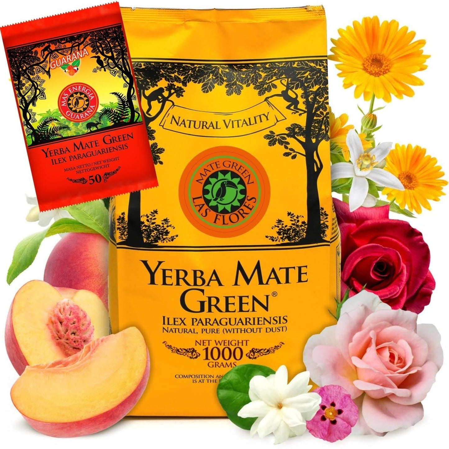 Yerba LAS FLORES 1 kg ● Čaj Yerba Maté s brazilskými broskvemi ● Jasmín ● Čaj maté z listů maté ● Přírodní příchutě ● Čaj Yebra Maté s guaranou 50 g ● Čaj Yerba Maté s celými listy 1050 g ● Vegan