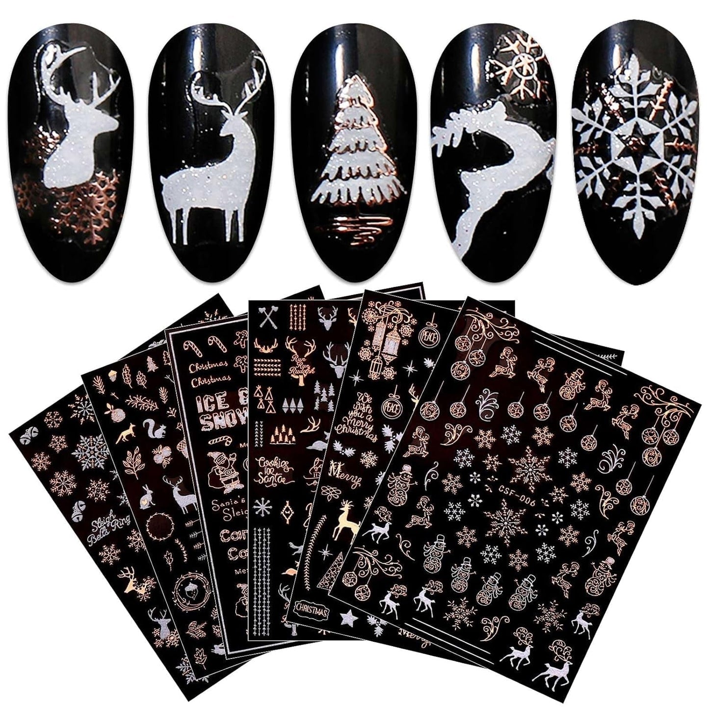 JMEOWIO Nagelsticker Weihnachten 9 Blatt Nail Art Sticker Selbtklebend Nagelaufkleber Schneeflocke Schneemann Festival Weißes Zlatá dekorace Nageldesign Zubehör