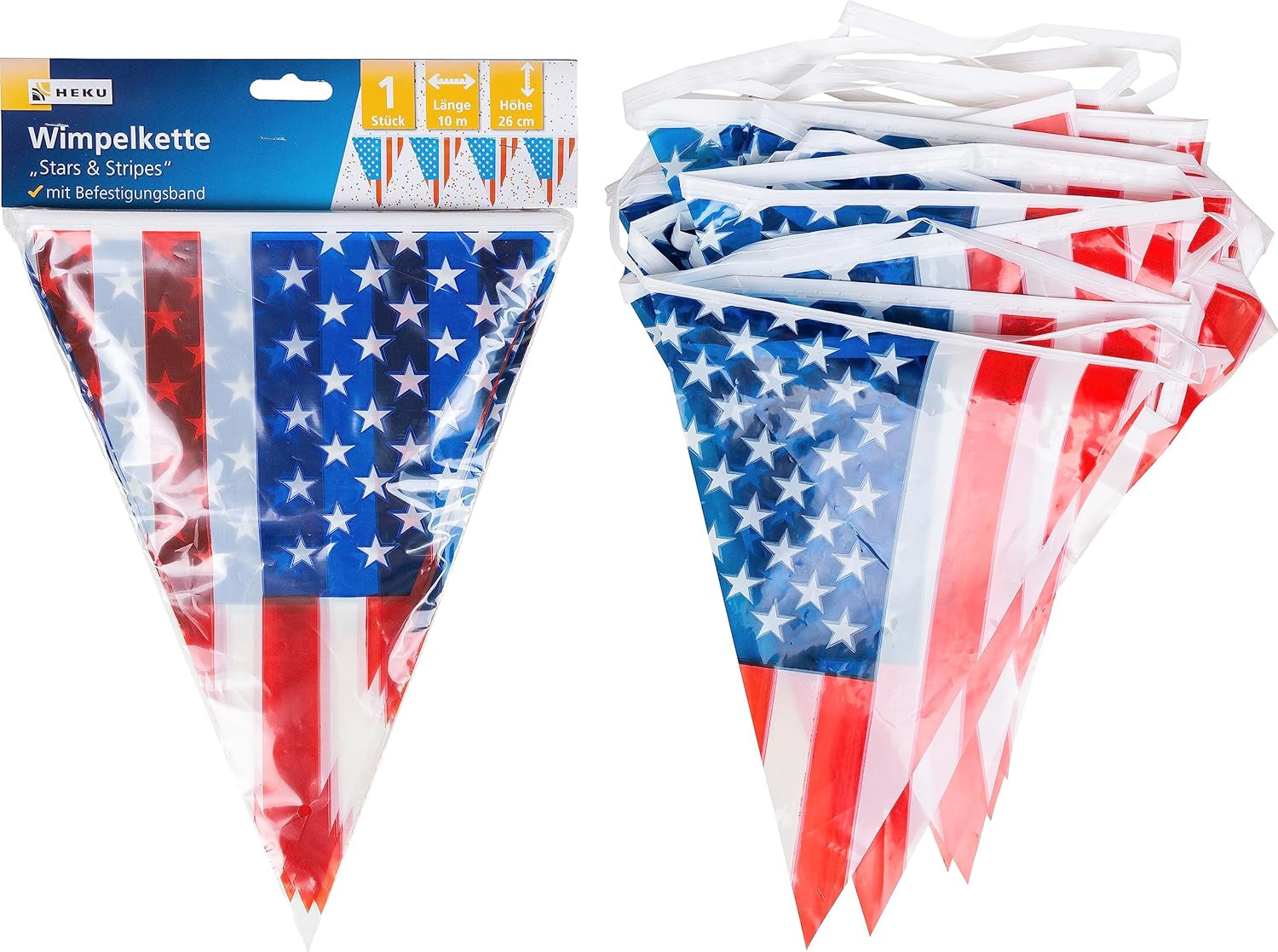 HEKU 191-ks. USA Party Set I Papírové talíře Ø23Cm, červené kelímky, 3vrstvé ubrousky 33X33Cm, sběrač dekorací, řetízek s vlajkou 10M I Ideální pro tématické večírky a státní svátky