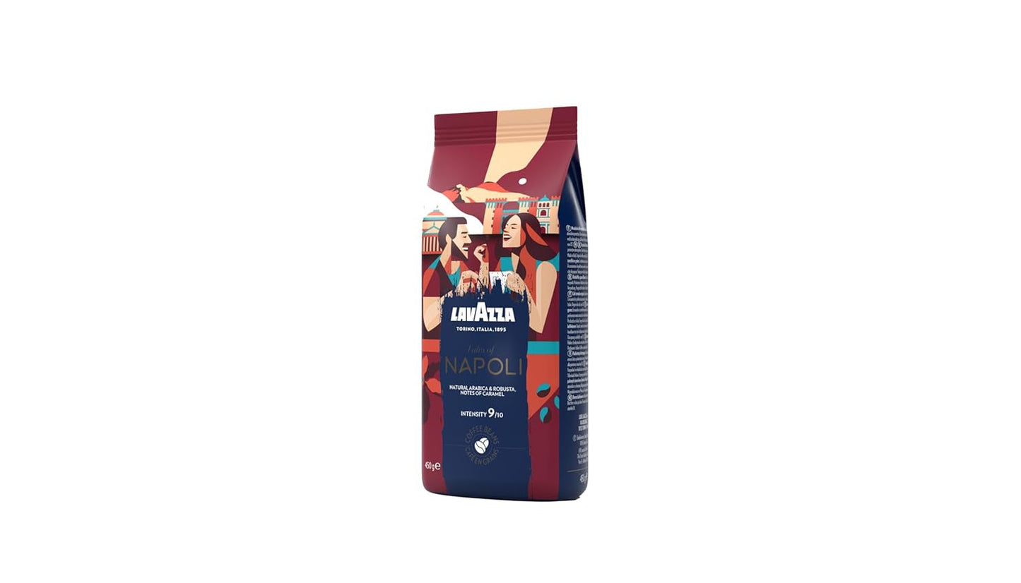Lavazza, Tales of Napoli, kávová zrna, ideální pro espresso stroje, s aromatickými tóny kakaa a karamelu, Arabica a Robusta, intenzita 9/10, intenzivní pražení, 450 g