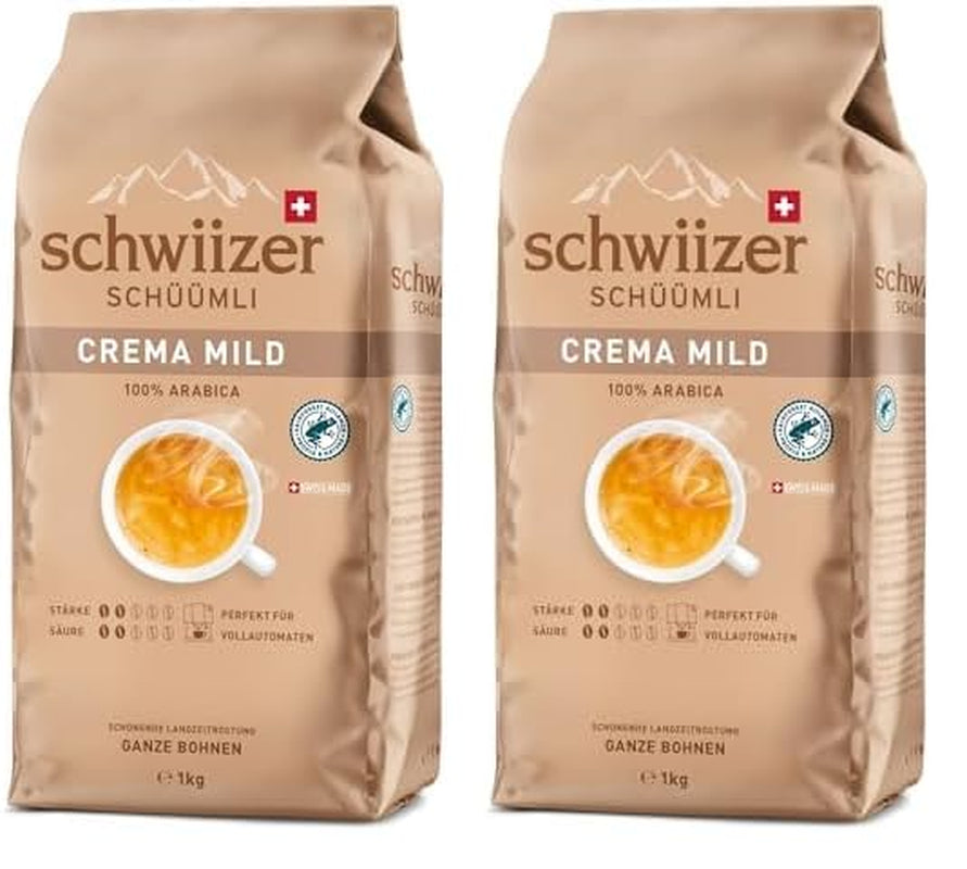 Schwiizer Schüümli Crema jemná, 100% prémiová kávová zrna Arabica, ovocná a ořechová, pro plně automatické kávovary, 2/5 síla, lehce pražená, certifikováno Rainforest Alliance, 1 kg (balení 2 ks)
