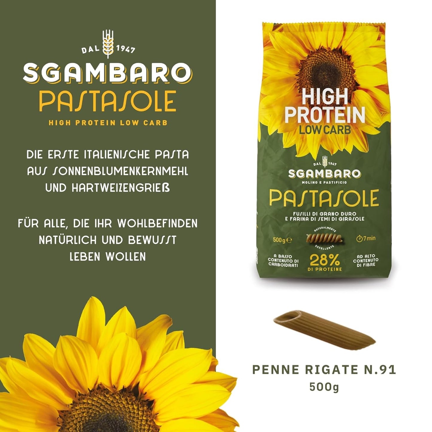 PASTASOLE , Penne Rigate mit Hartweizengrieß aus 100% italienischem Anbau und Sonnenblumenkernmehl - 500 g - vysoký obsah bílkovin, nízký obsah sacharidů, vysoký balastní materiál