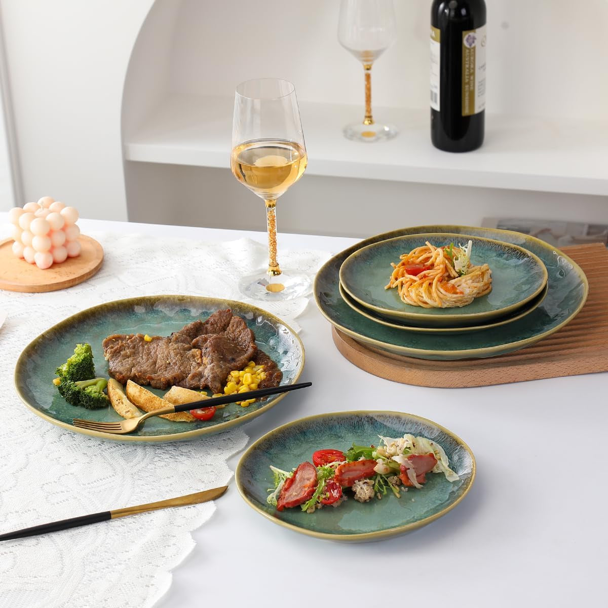Henten Home Special kameninové talíře, misky na svačinu a omáčku - 20x17cm pro 4 osoby, porcelánové snídaňové talíře - moderní zelený design
