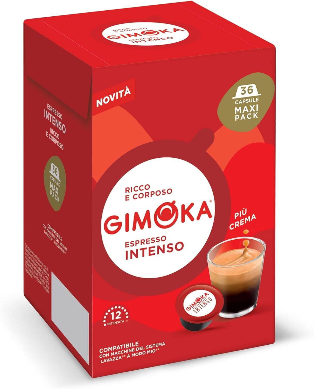 Gimoka Kaffeekapseln Espresso Intenso Kaffeemischung, Intensität 12-144 Kapseln Compatibel mit Lavazza* A Modo Mio* Haushalts-Espressomaschinen, 144 Stück (4 x 36 Getränke) Hergestellt v Itálii
