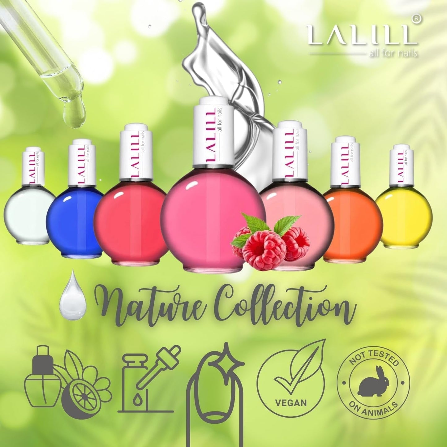 LALILL Olej na nehtovou kůžičku 75 ml - Himbeere Nagelpflegeöl - Nagelöl Pflege Für Nägel Nagelhaut - SPA Maniküre Naildesign Hände - Vegan - S pipetou