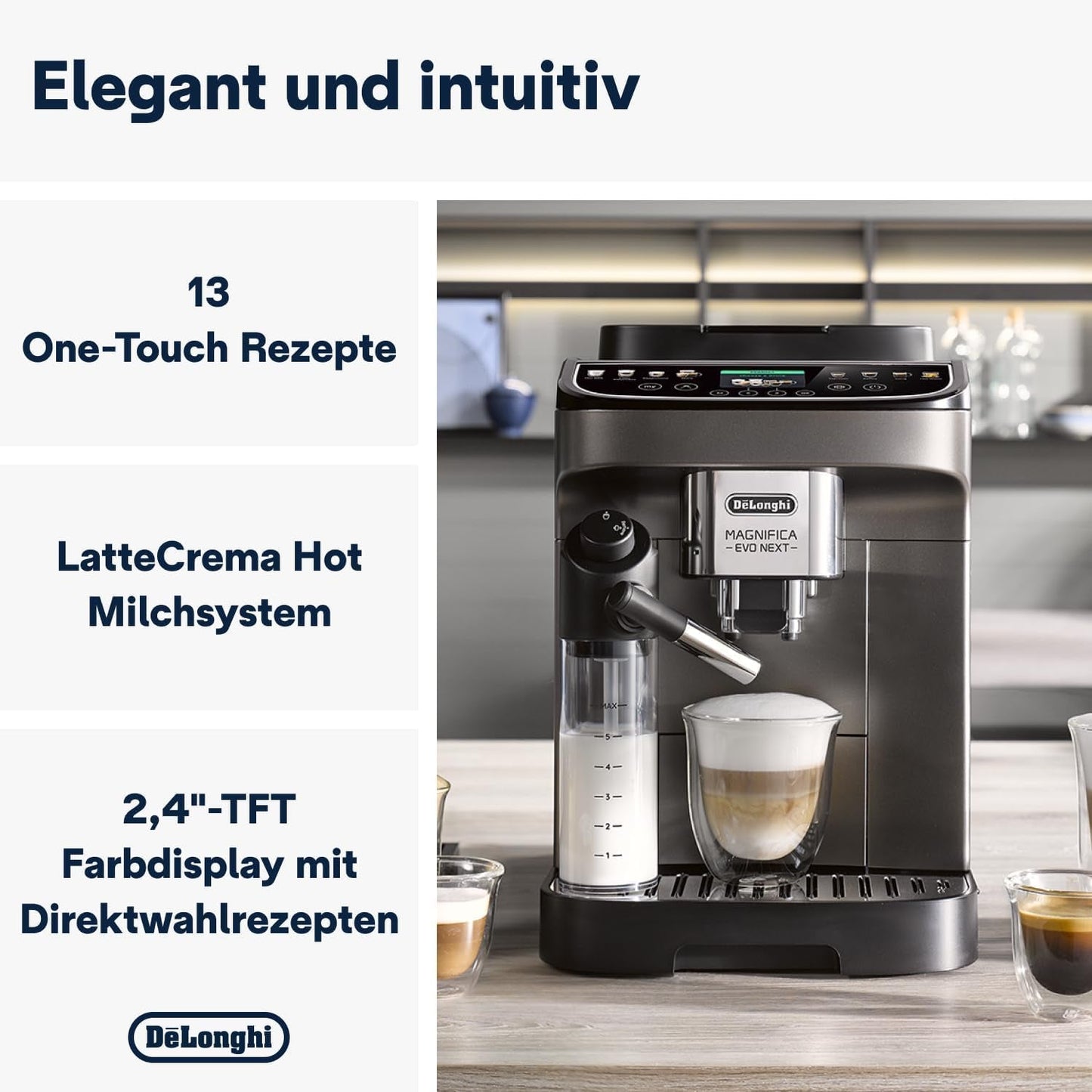 De'Longhi Magnifica Evo Next – plně automatický espressor Perfetto s napěňovačem mléka LatteCrema, 13 nápojů jedním dotykem, kávovar a cappuccino, barevný dotykový displej, titan (ECAM312.80.TB)