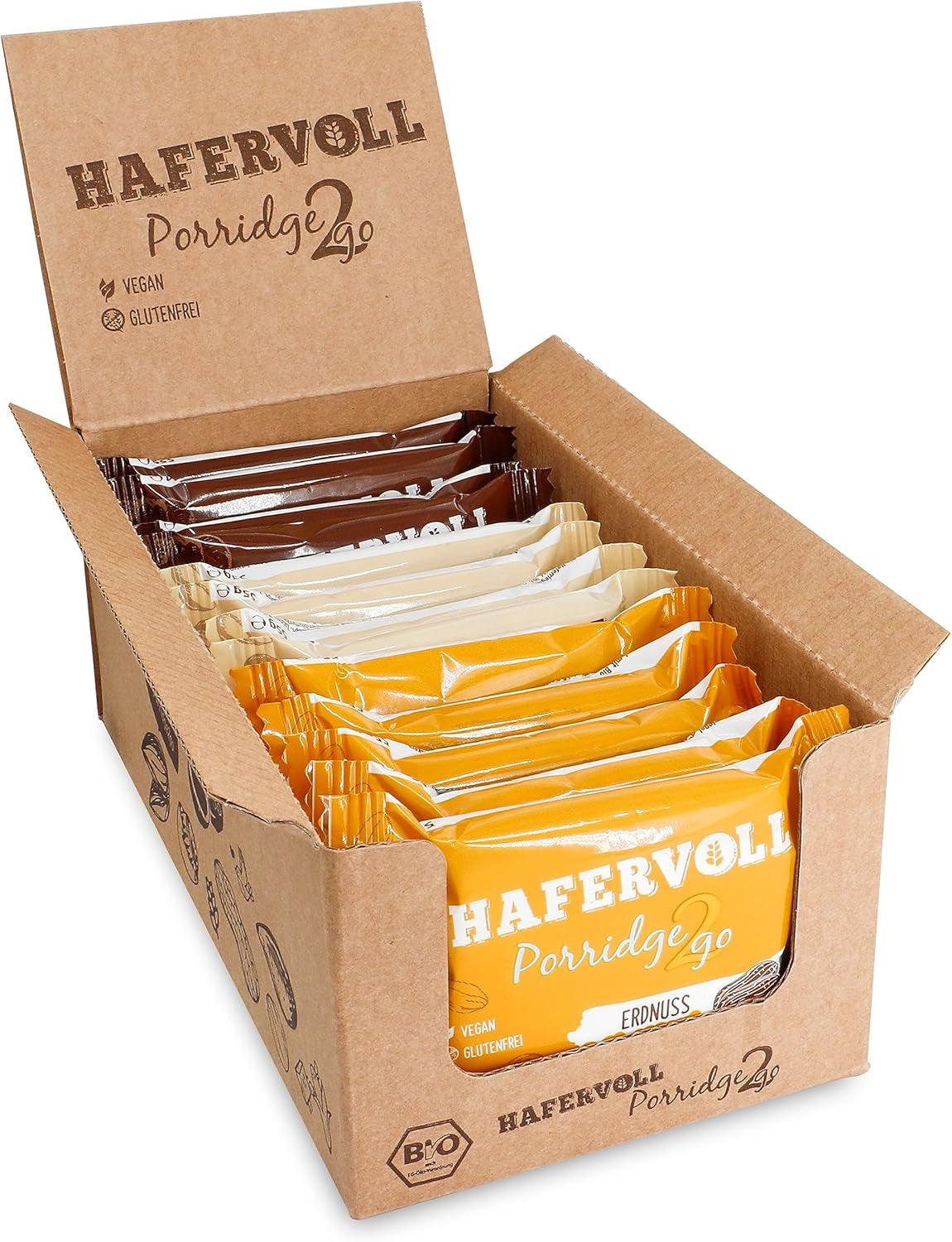 Hafervoll Porridge2go Arašídové máslo a ořechy, 13 tyčinek x 55 g – veganské, organické, bezlepkové, bez přidaného cukru přesnídávka, s ovesem, datlemi a quinoa cukrovinkami