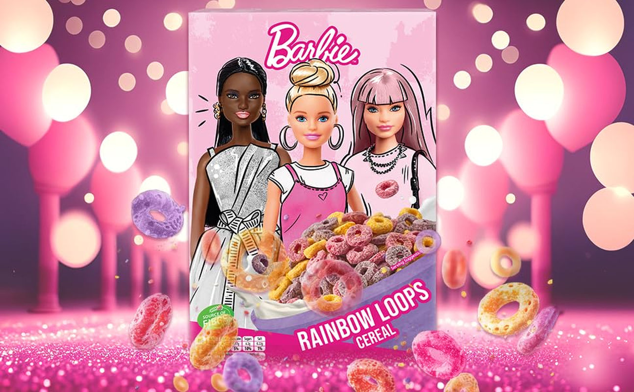 Barbie Rainbow Loops cereálie, barevné kroužky pšenice, ovsa a kukuřice s ovocnou příchutí pro perfektní snídani, 1 balení (1 x 350 g)