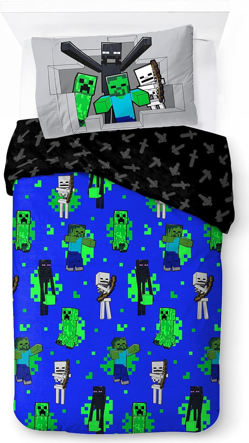 Dětské povlečení, postavičky Disney, 100% bavlna Povlečení dětské Naty Shop Blue - Minecraft 135X200/50X70 (2 kusy)