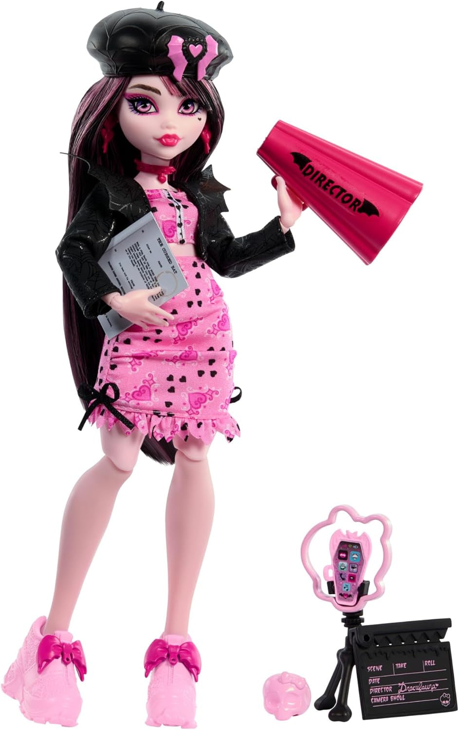 Panenka Monster High Draculaura se svým mazlíčkem Count Fabulous netopýří kočka a doplňky, jako je batoh, kniha kouzel, bento box a další, téma HRP64 Naty Shop Dolls Movie Club