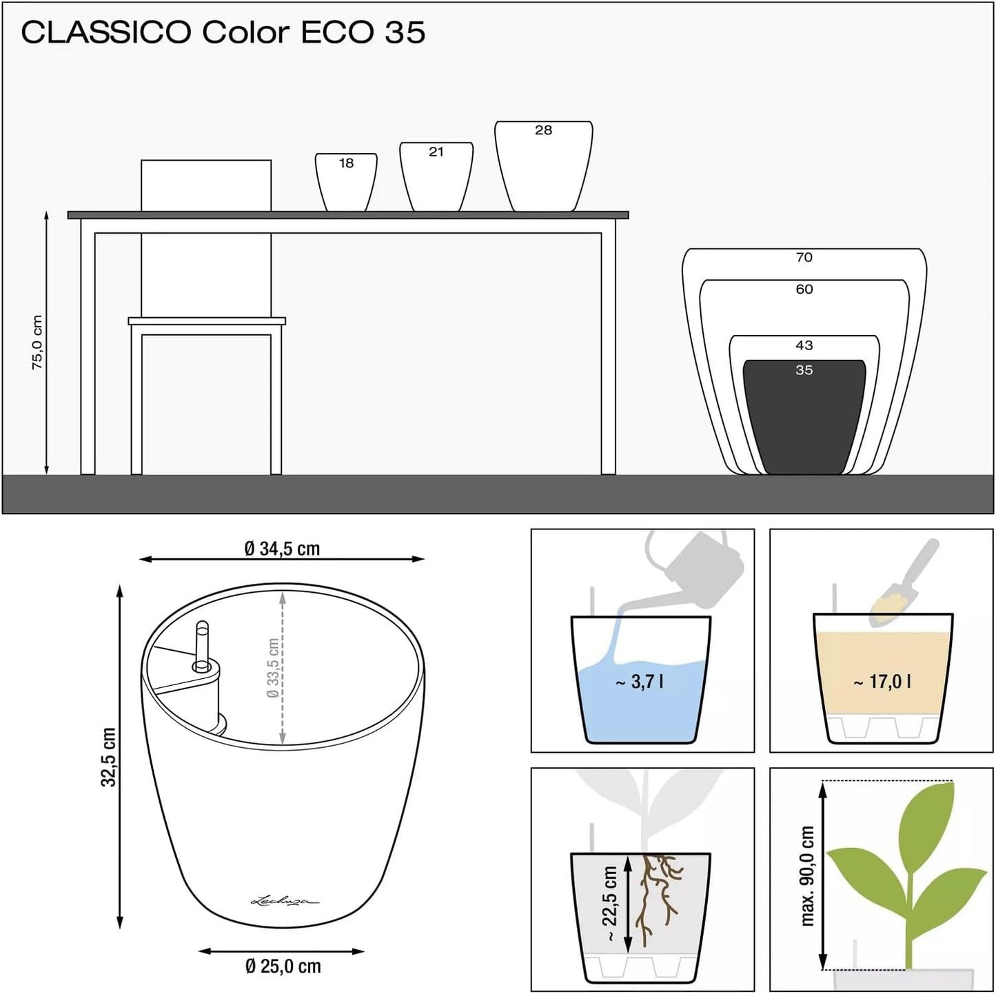 LECHUZA Classico Color ECO 35 Světle šedý květináč se zavlažovacím systémem a ukazatelem hladiny vody | Vyrobeno ze 100% recyklovaného plastu | Matný povrch | Ø 34,5 x 32,5 cm | 18930