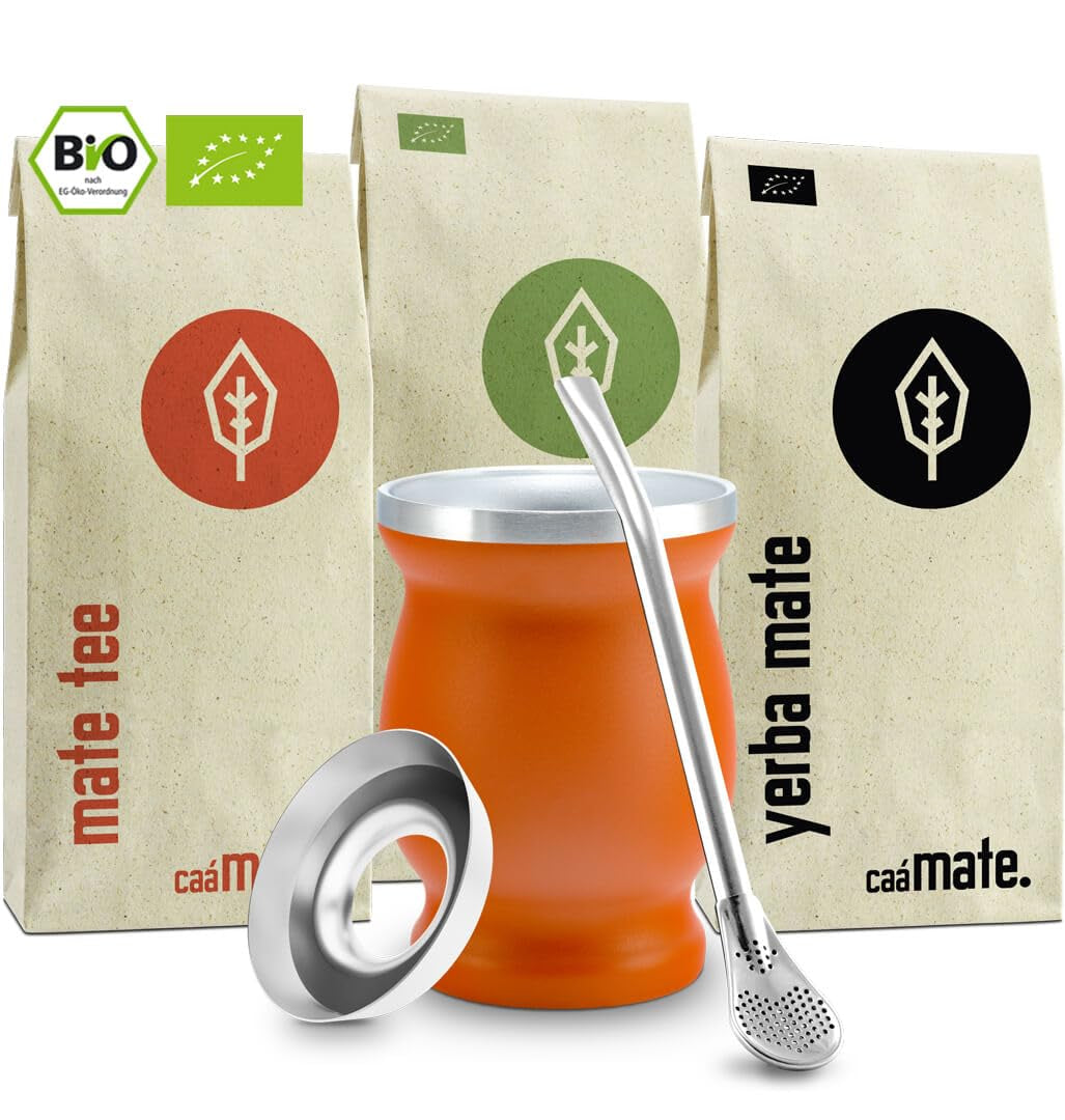 Čajová sada Mate Bio ● 3 sortimenty Mate + Dvoustěnný hrnek Mate z nerezové oceli + Bombilla + Návod na vaření (černý)