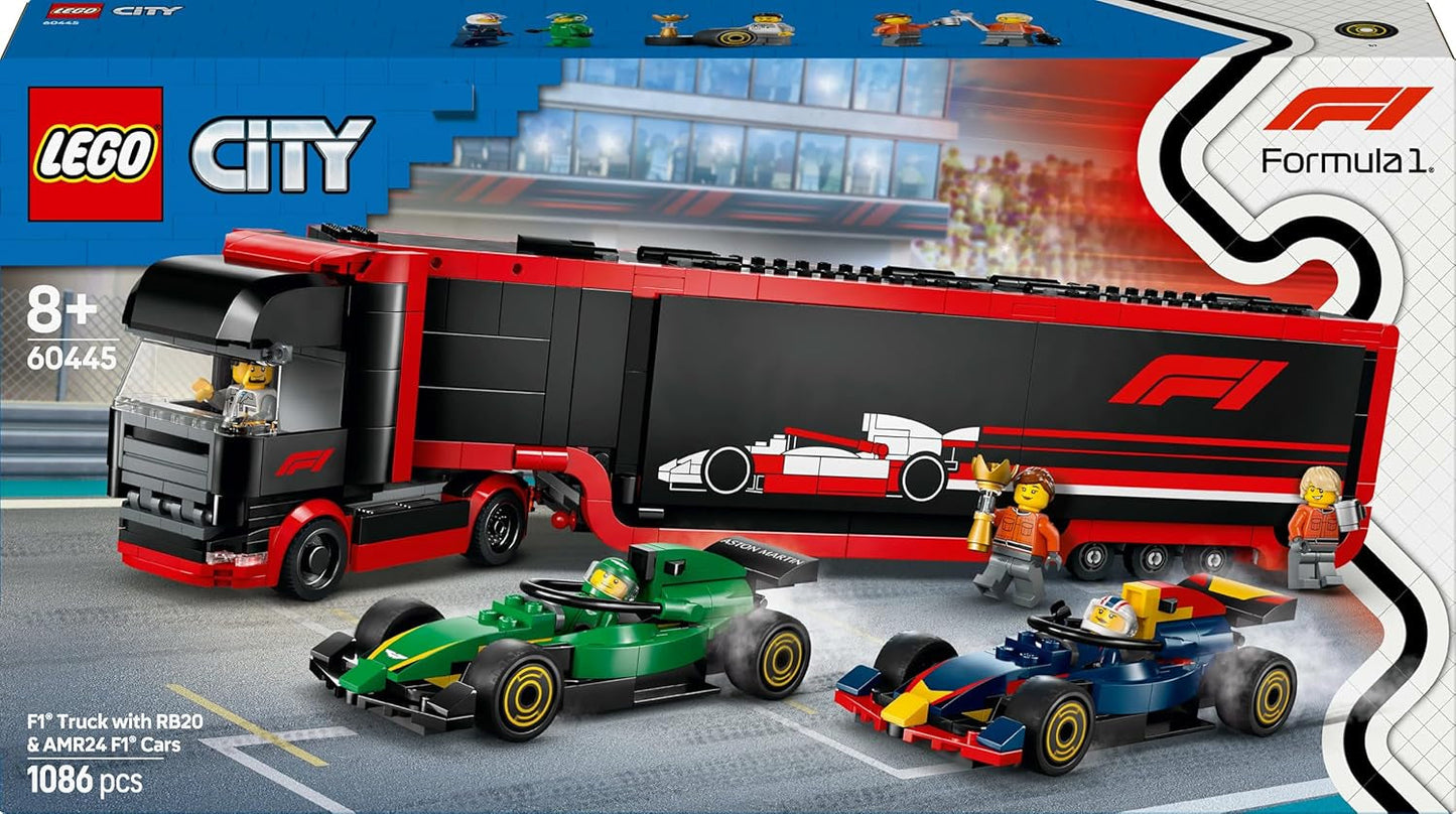 LEGO City F1 Transporter se závodními auty F1 RB20 a AMR24 - Transportér autíček pro týmy Red Bull a Aston Martin Formule 1 - vč. 5 minifigurek – dárek pro chlapce a dívky od 8 let 60445 Stavebnice Besuche den LEGO-Store