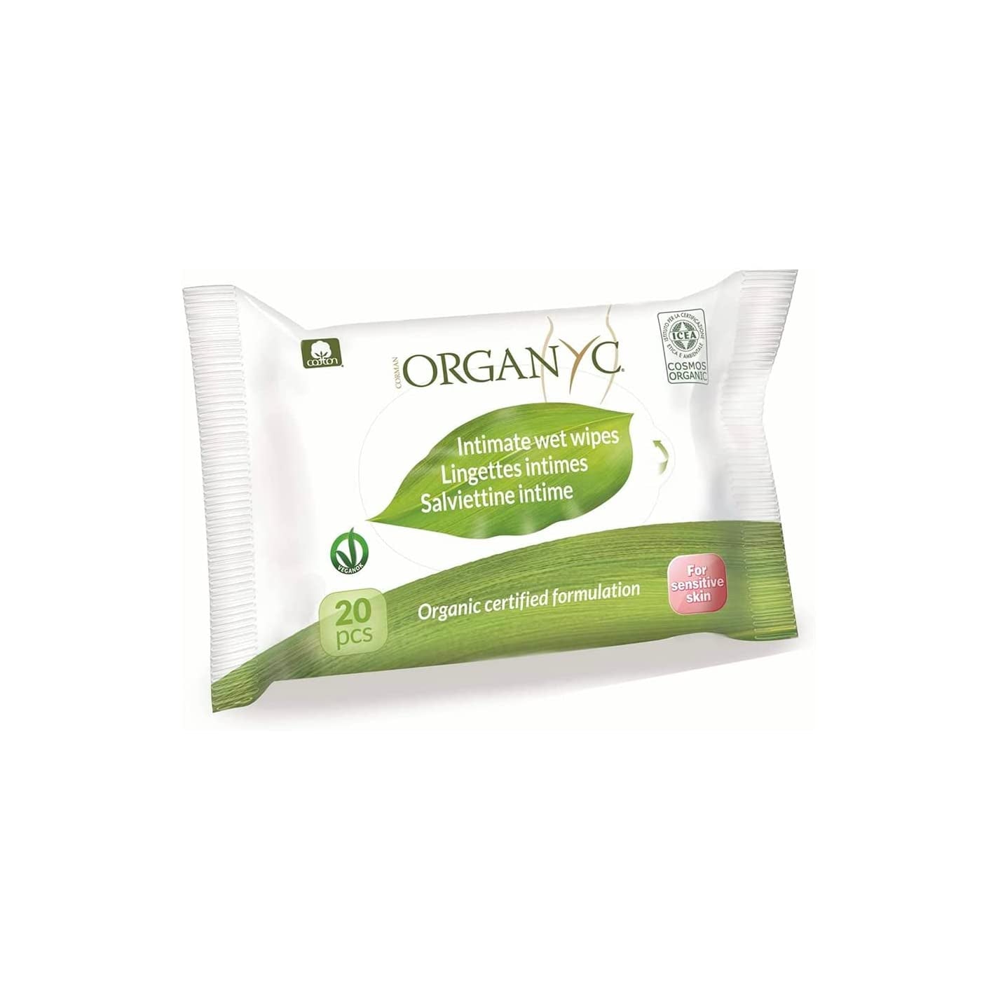 Organyc vlhké intimní ubrousky, vyrobené ze 100% certifikované organické bavlny – 4 balení po 20 ubrouscích (celkem 80 ubrousků)