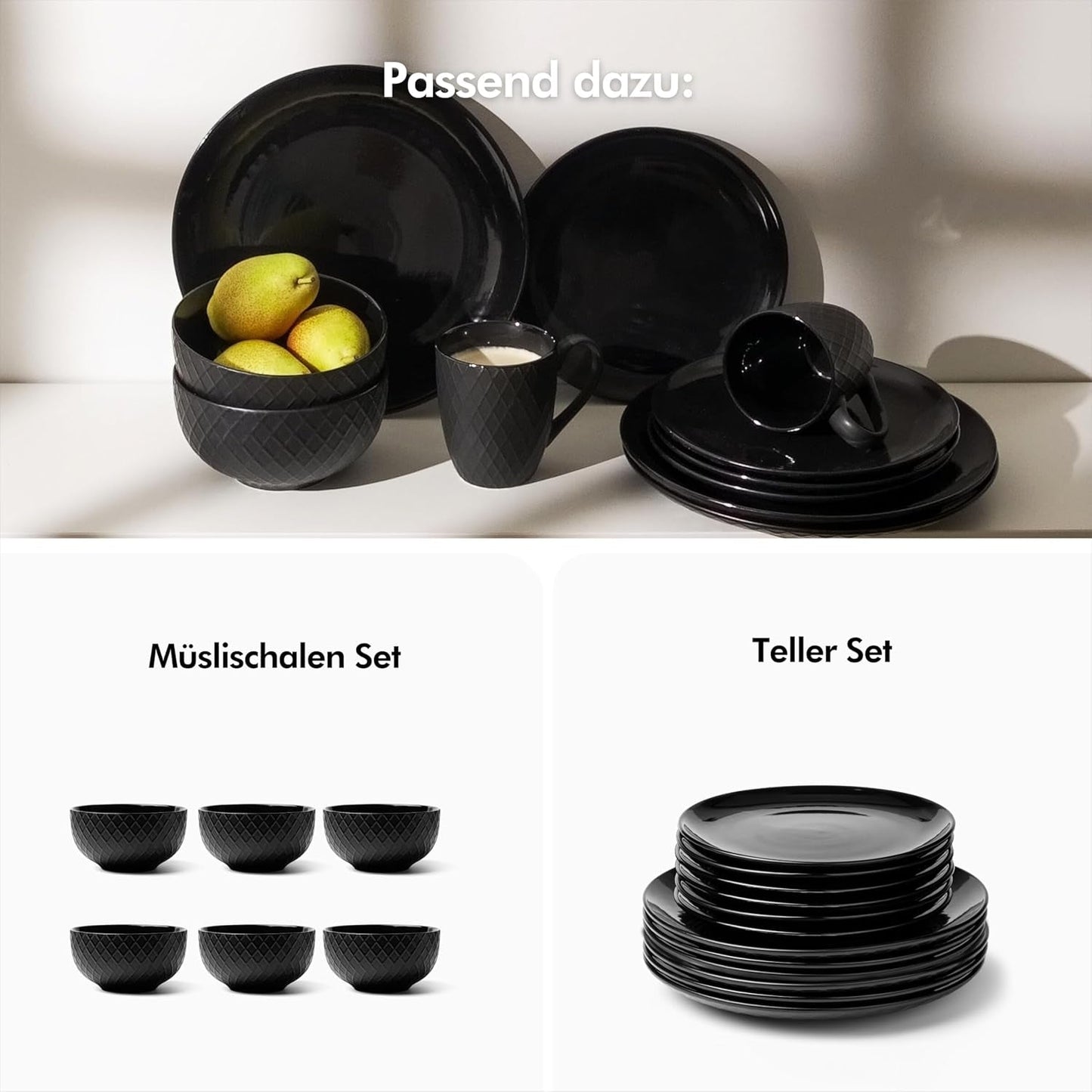 KIVY Geschirrset 6 Personen[Kratz & Spülmaschinenfest] 6x27cm + 6x22cm - Teller Set 12dílný moderní - Geschirr Set - Kombiservice - Geschirrset - Teller Set Schwarz - Teller Schwarz Matt