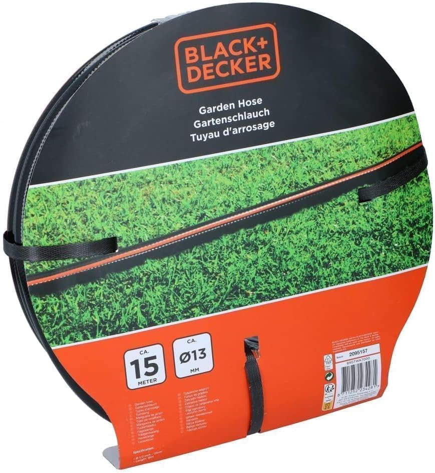 Zahradní hadice BLACK+DECKER 15 metrů - Ø13MM - Odolné PVC - Zalévání zahrady, mytí auta, napouštění bazénu - Kompatibilní s jakoukoli standardní baterií - Černá/Oranžová