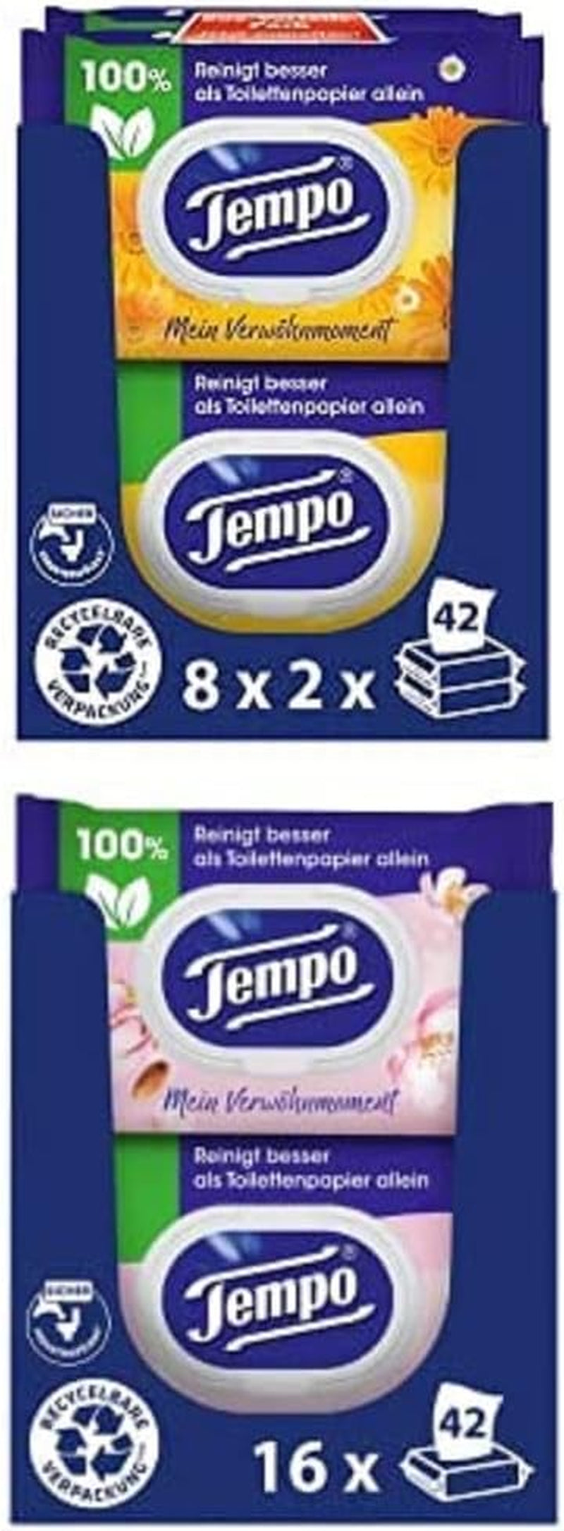 Balení utěrek Tempo Moist My Pampering Moment Calendula Toilet Wipes (16 kusů) a Tempo Moist Toilet Wipes Mandlové mléko a panthenol (16 kusů)