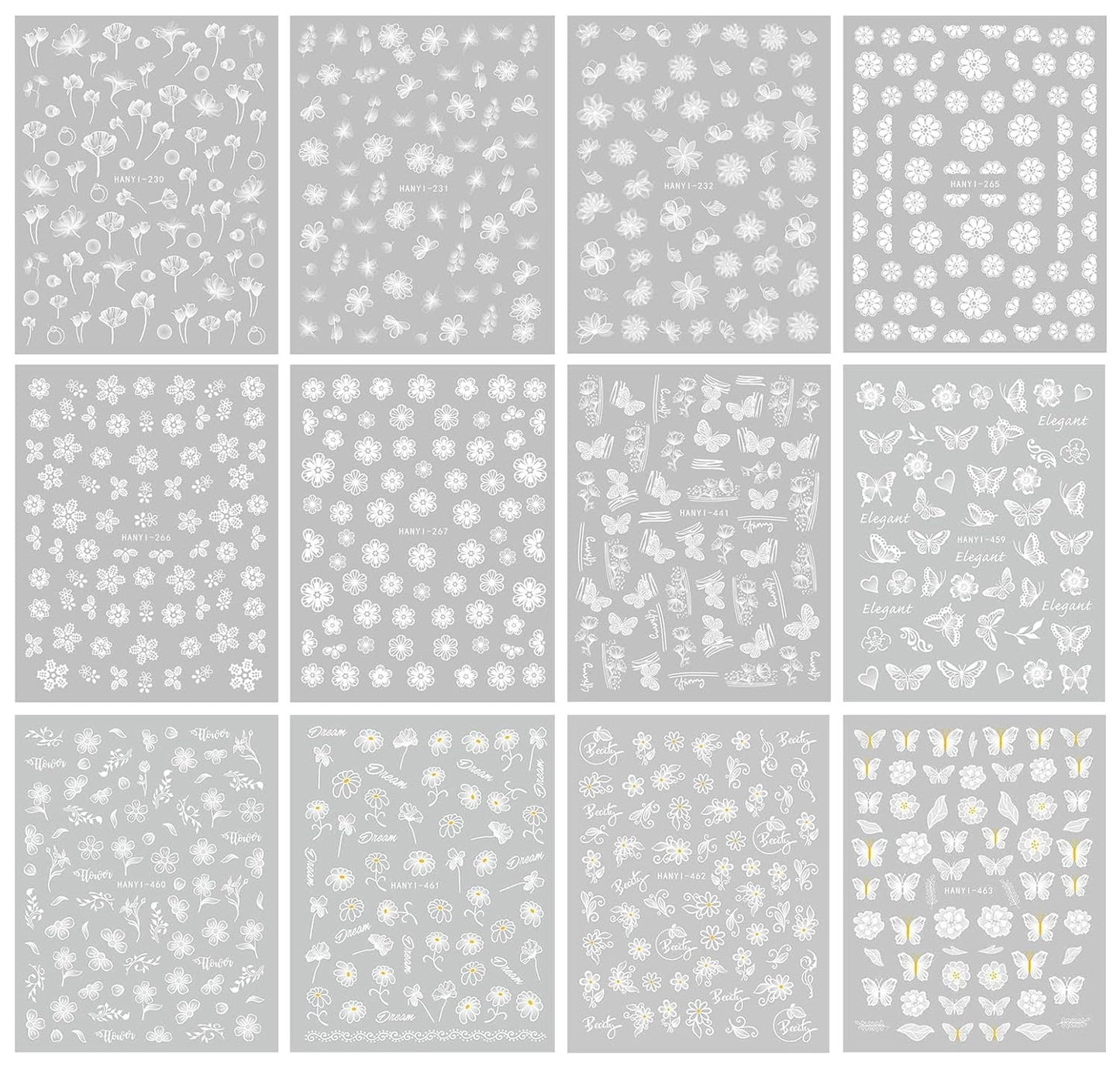 JMEOWIO Nálepka na nehty Frühlings Weiß Blume 12 Blatt Nálepka na nehty Selbtklebend Nagelaufkleber Letní Schmetterling Blumen Blatt Dekoration Nageldesign Zubehör