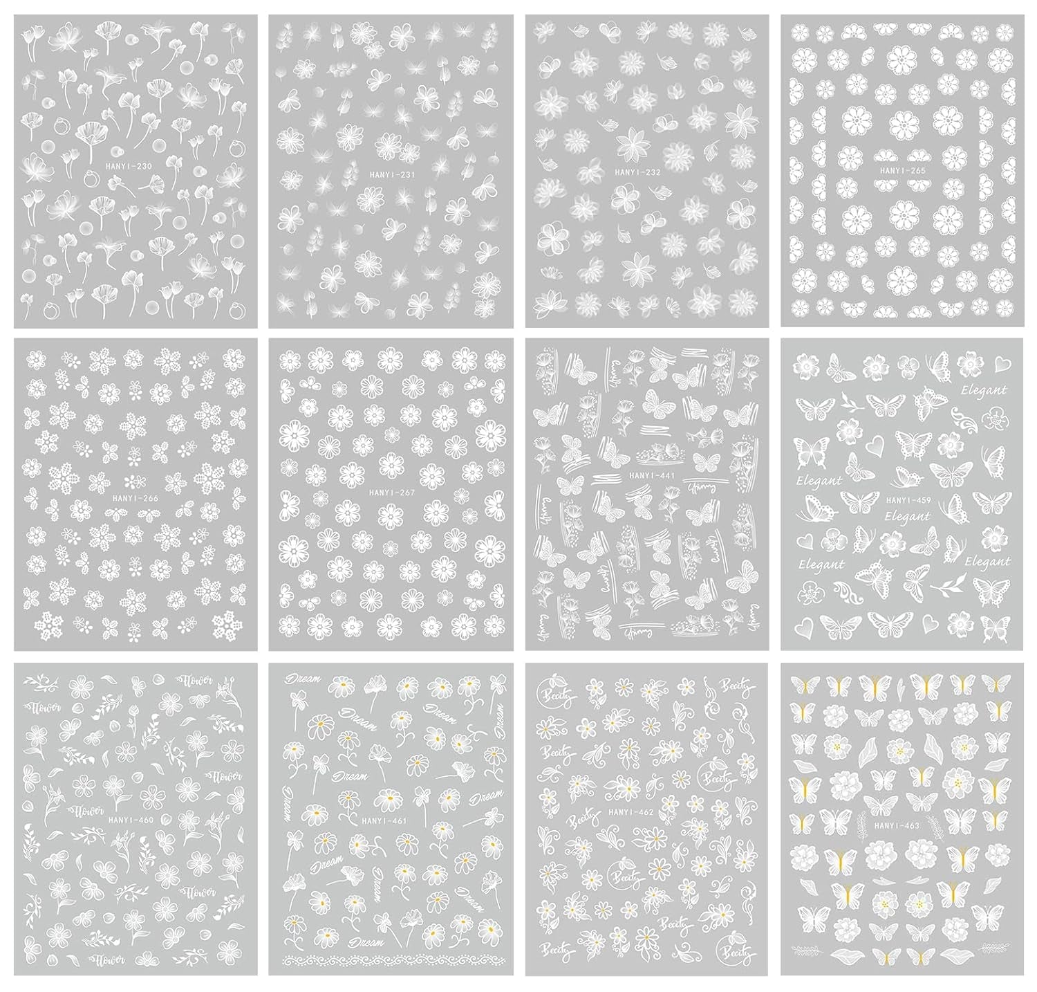 JMEOWIO Nálepka na nehty Frühlings Weiß Blume 12 Blatt Nálepka na nehty Selbtklebend Nagelaufkleber Letní Schmetterling Blumen Blatt Dekoration Nageldesign Zubehör