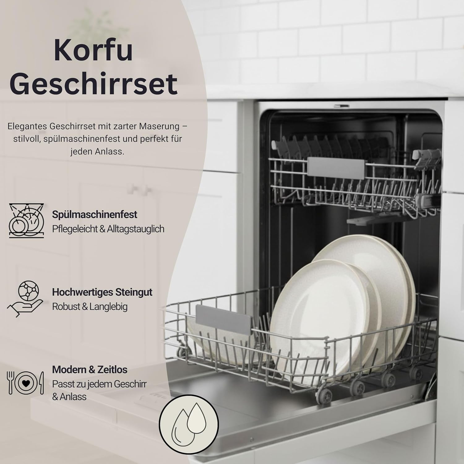 SANGER | 24dílná sada korfuského nádobí Večeřský servis pro 8 ručně vyrobených keramických sad nádobí včetně talířů Dezertní talíře a talíře Suma Krémové nádobí s pískovou texturou