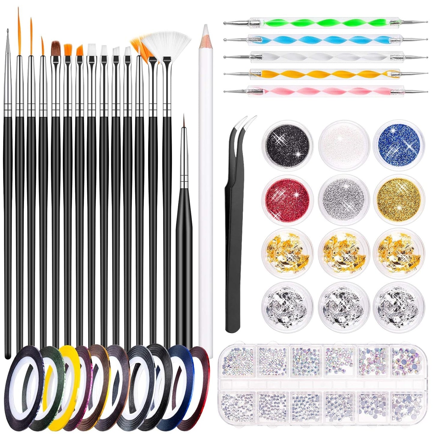 MELLIEX 45 Stück Nail Art Dekoration Zubehör Set, Nägel Pinsel Strasssteine ​​Glitzer Goldfolie Nageldesign Dotted Pen Streifenband Für Nagelkunst Maniküre Set