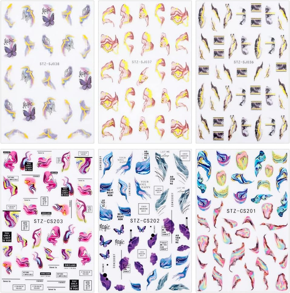 6 Blatt 3D Lila Schmetterling Samolepky na nehty Selbtklebend Nagelaufkleber Schmetterlinge Samolepky na nehty Bunte Blühen Marmor Nagel Stickers Regenbogen Welle Linien Nail Art Aufkleber Nageldesign Zubehör