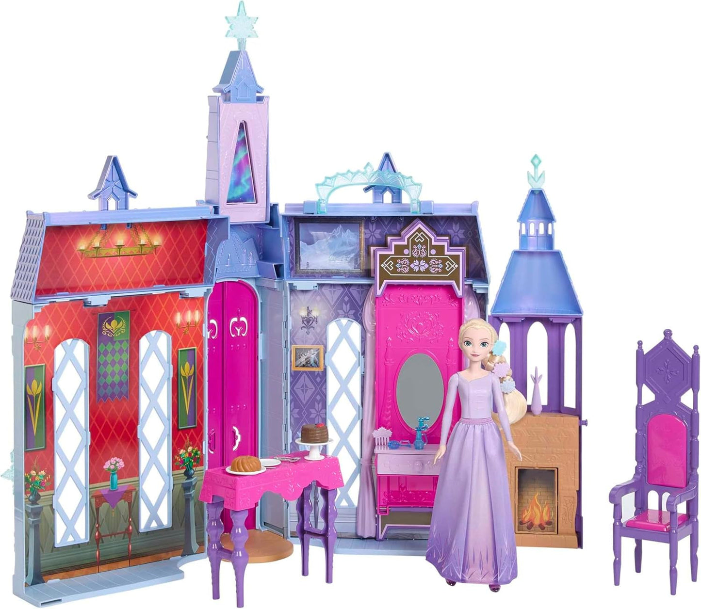 Mattel Disney Frozen – domeček pro panenky Castle Arendelle (60 cm+) s panenkou Elsou, 4 hřišť a 15 kusy nábytku a doplňků Disney Frozen II, HLW61