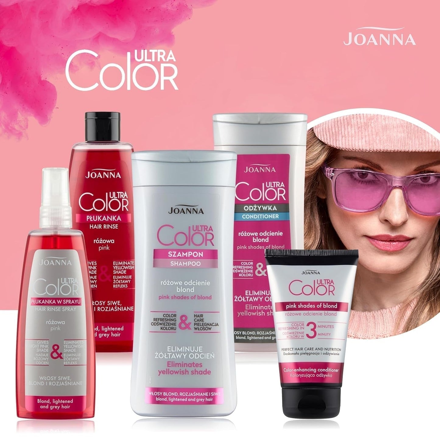 Joanna Ultra Color - Růžový kondicionér pro blond a světlé vlasy - Pastelově růžová - Přirozený lesk - Odstraňuje žlutý nádech z šedo-blond vlasů - Dočasný efekt - 150 ml Barva na vlasy Naty Shop