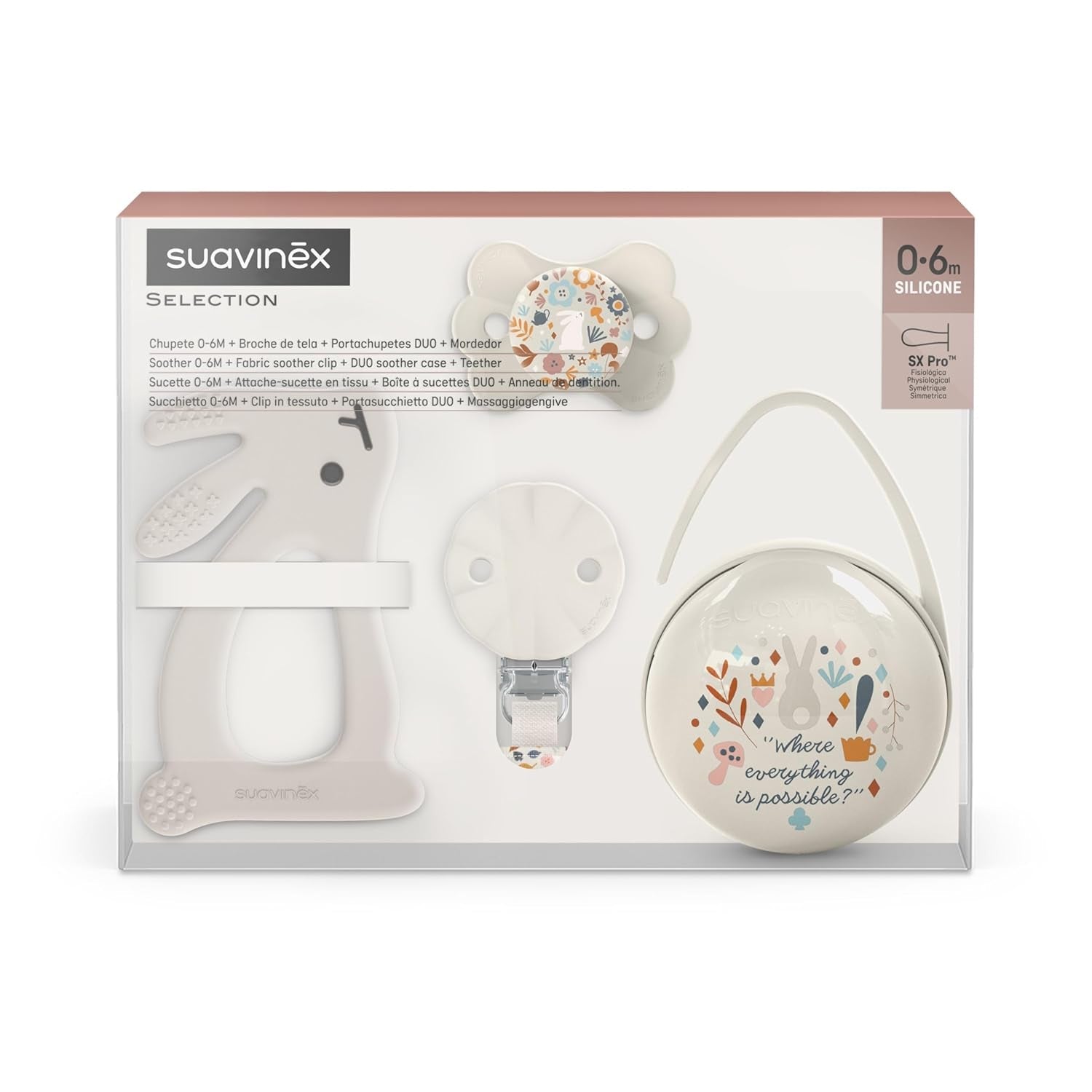 Dárková sada Suavinex pro novorozence. 4dílná sada obsahuje: Dudlík Physiological SX Pro pro miminka 0-6 měsíců + držák na dudlík + kryt dudlíku Duo + silikonový kousací kroužek. říše divů, béžová