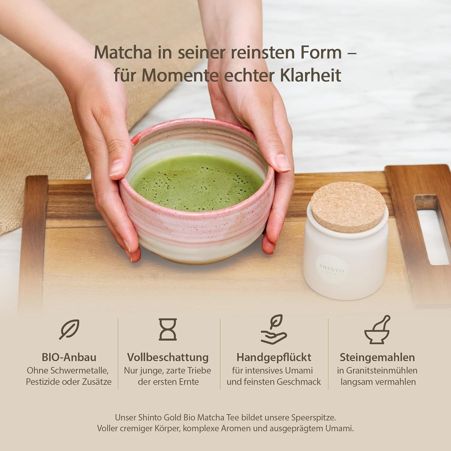 Šintoismus - "Zlatý" organický čaj Matcha - Ceremoniální prášek ze zeleného čaje - Certifikace JAS & EU BIO - Stínovaný a ručně sbíraný - Přímý dovoz z Uji, Japonsko - 30 g