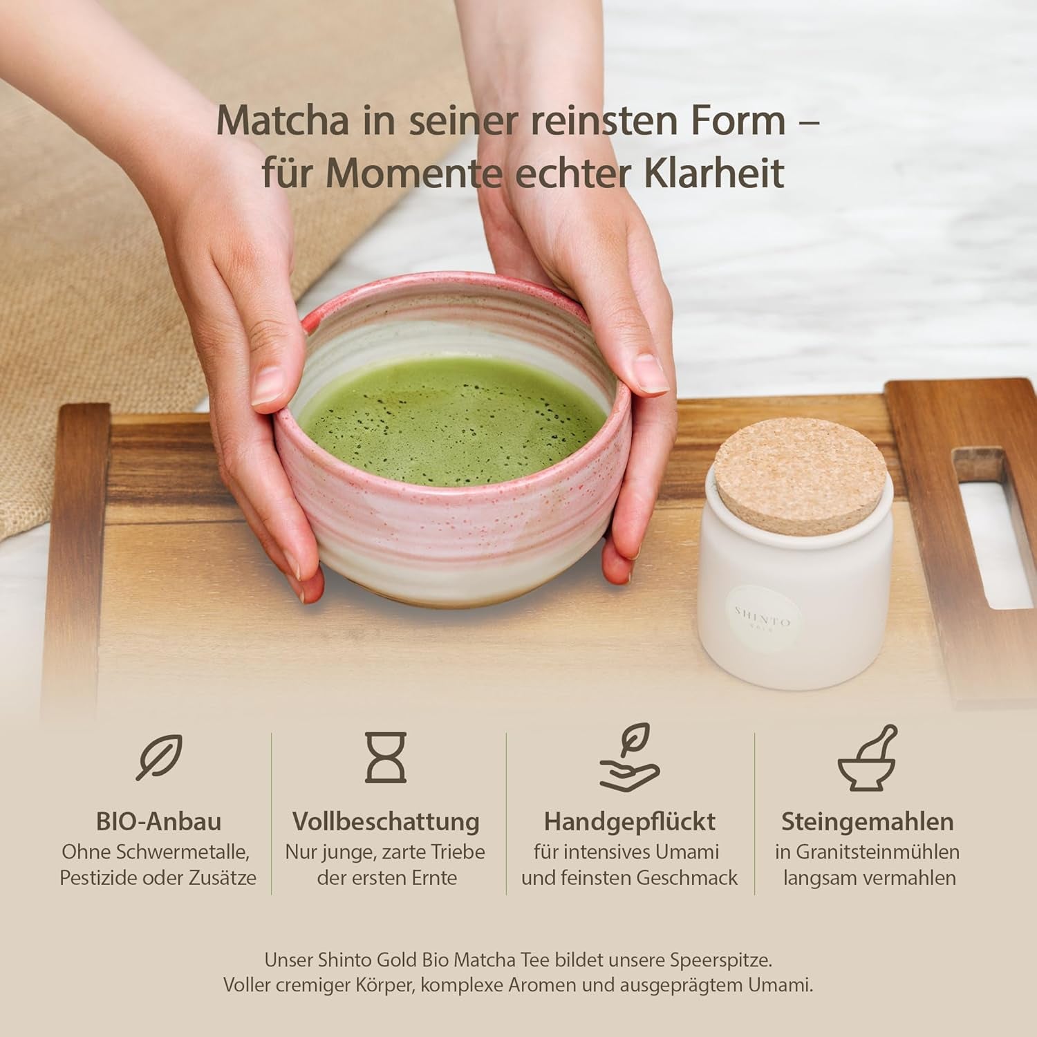 Šintoismus - "Zlatý" organický čaj Matcha - Ceremoniální prášek ze zeleného čaje - Certifikace JAS & EU BIO - Stínovaný a ručně sbíraný - Přímý dovoz z Uji, Japonsko - 30 g