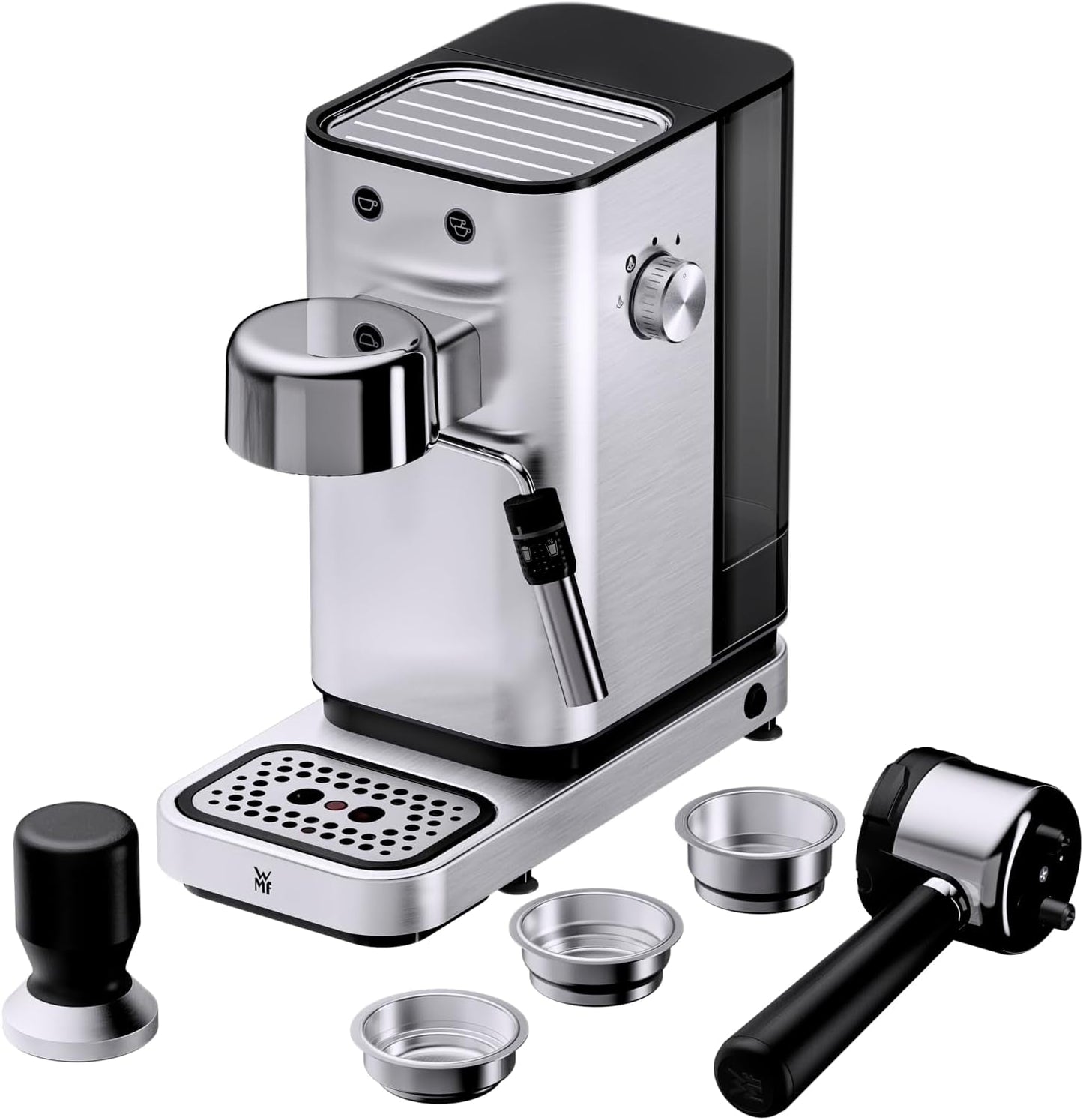 Kávovar WMF Lumero, portafiltr, 1400 wattů, portafilter, 3 vložky, pro 1-2 šálky na espresso, včetně kapslí, 15 bar, držák šálků, napěňovač mléka, matná nerezová ocel