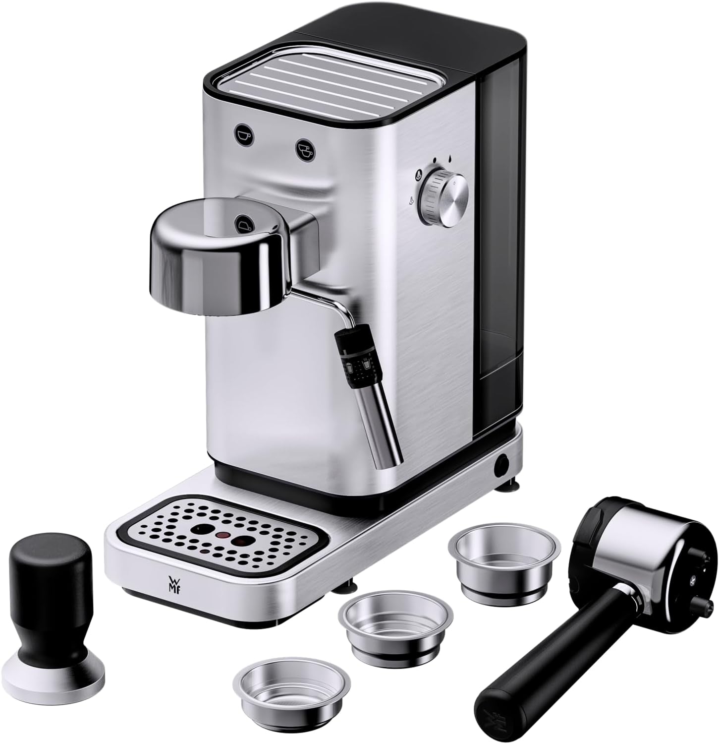 Kávovar WMF Lumero, portafiltr, 1400 wattů, portafilter, 3 vložky, pro 1-2 šálky na espresso, včetně kapslí, 15 bar, držák šálků, napěňovač mléka, matná nerezová ocel