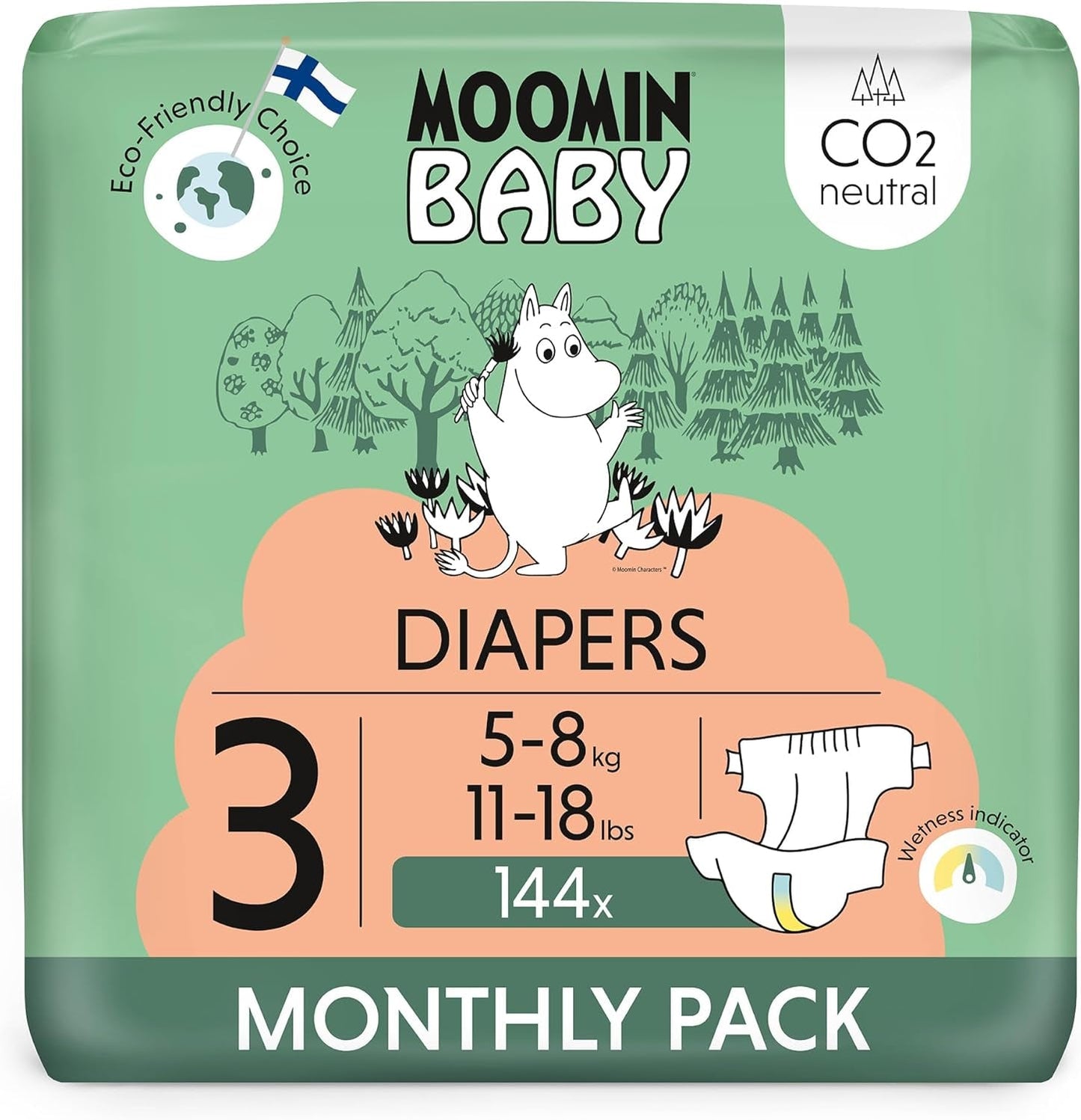Moomin Dětské eko plenky, velikost 3, 5-8kg, 48 kusů, Premium měkké plenky | Měkký a šetrný k pokožce, prodyšný, savý, bez zbytečných chemikálií |