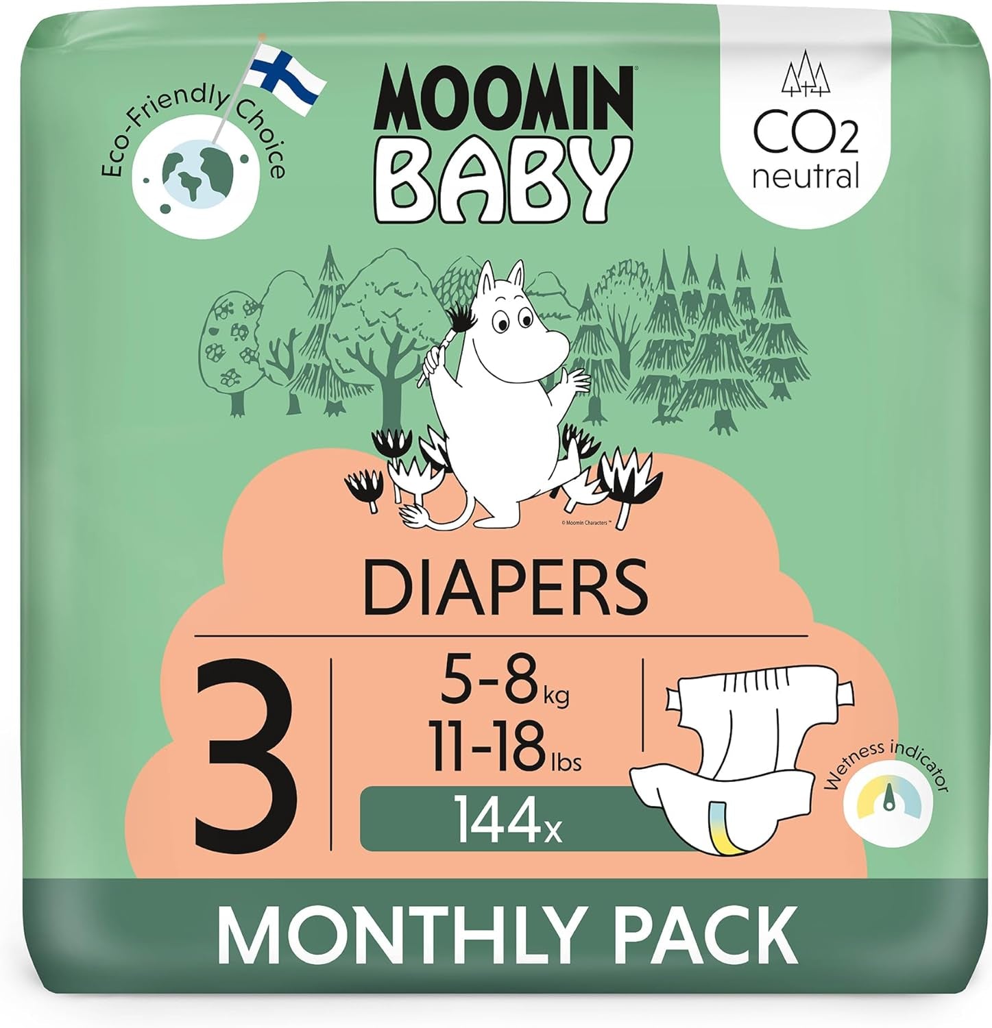 Moomin Dětské eko plenky, velikost 3, 5-8kg, 48 kusů, Premium měkké plenky | Měkký a šetrný k pokožce, prodyšný, savý, bez zbytečných chemikálií |