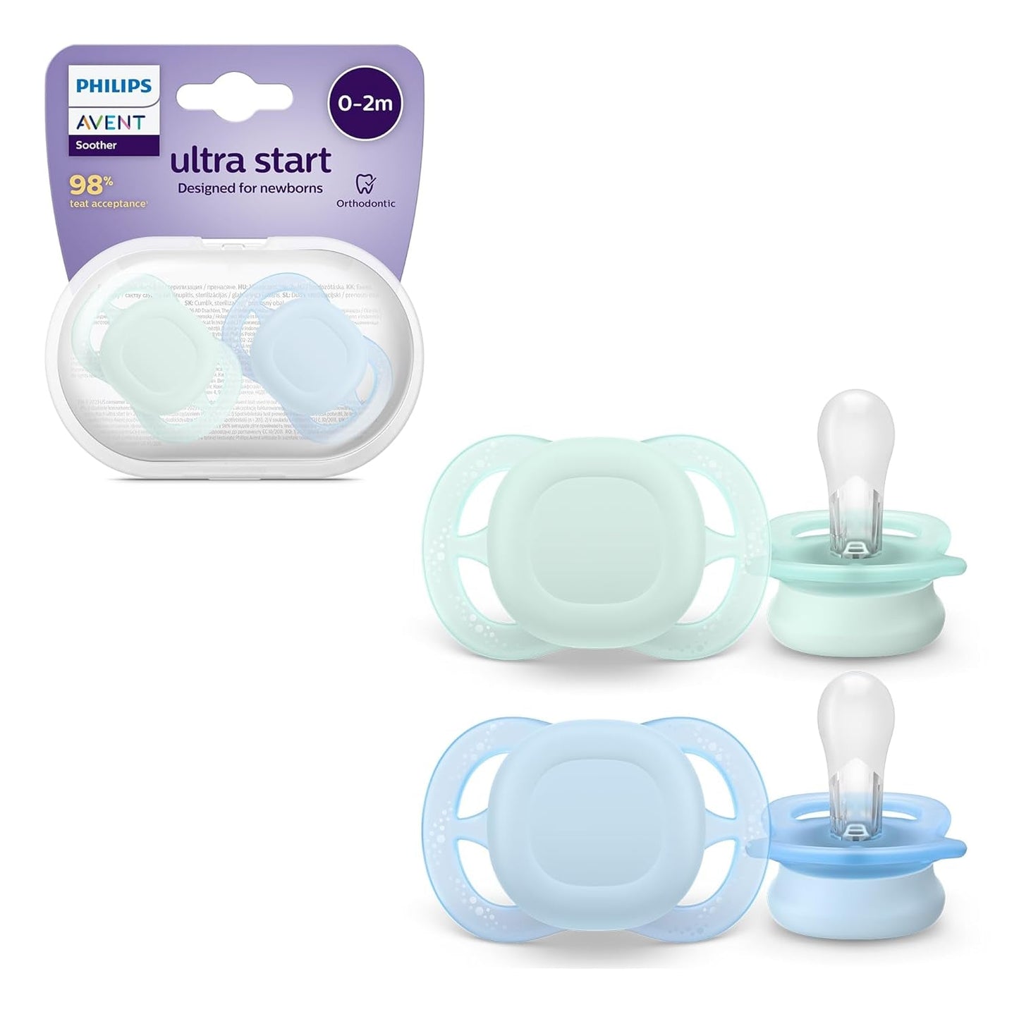 Noční dudlík Philips AVENT Ultra Start, ortodontický dudlík pro novorozence, zářící ve tmě, bez BPA, se sterilizační nádobkou, dvojité balení, měsíc, hvězda, SCF075/07