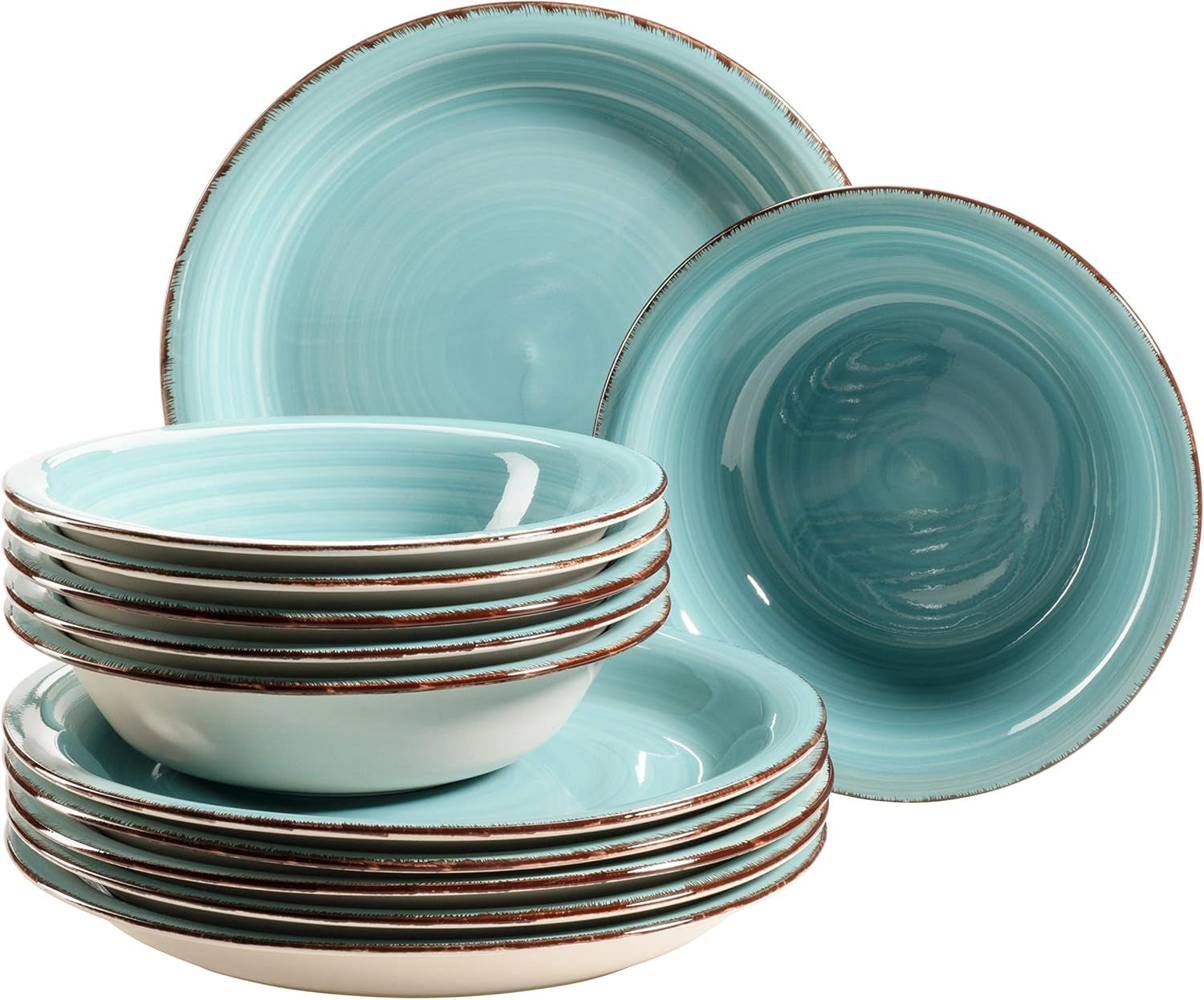 MÄSER Bel Tempo II Teller-Set pro 6 osob v moderním Vintage Look, 12dílný Tafelservice, handbemalt, Türkis, Steingut, 27 centimetrů