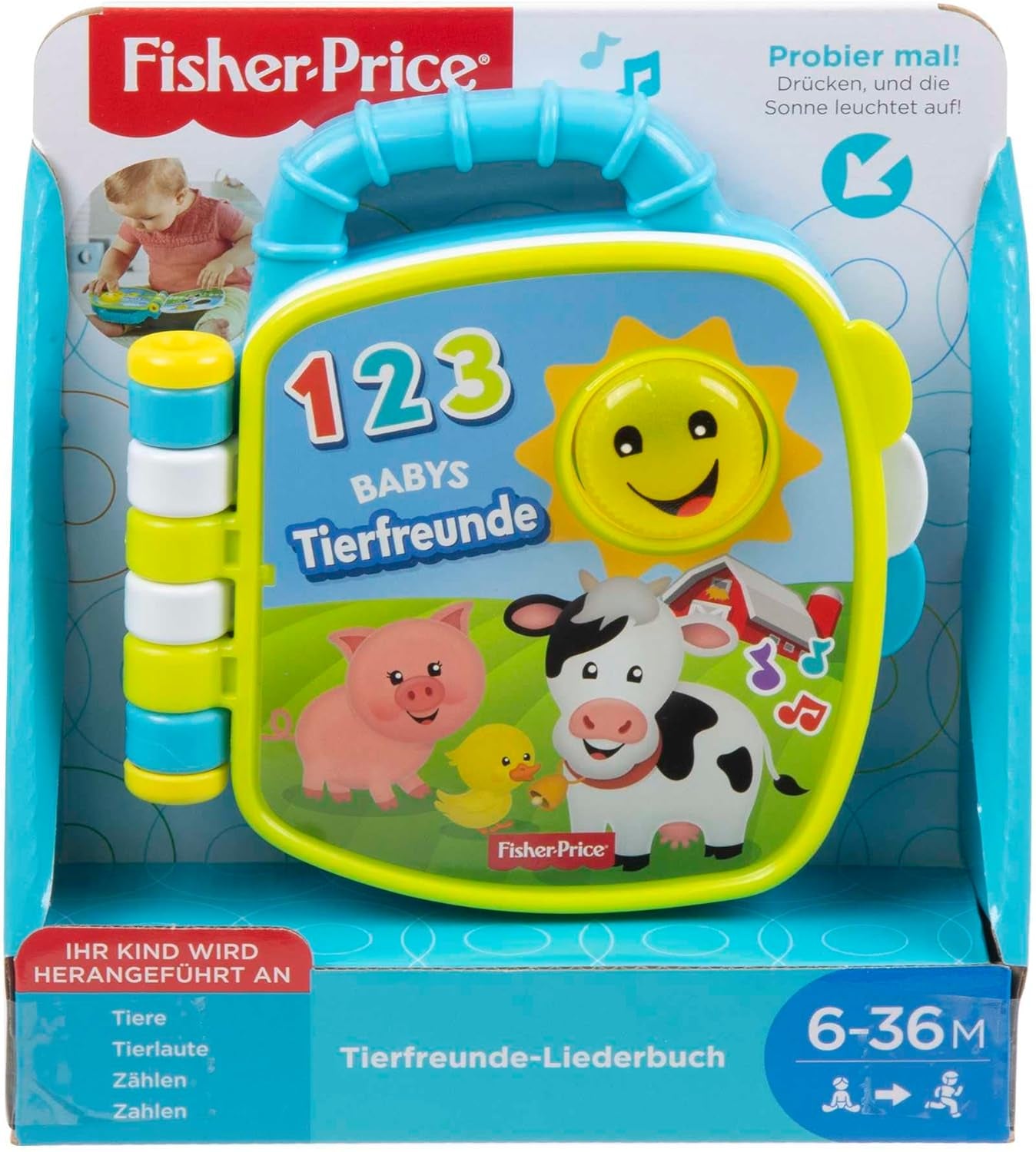 Fisher-Price Musical Animal Friends Songbook | Hračka pro miminko od 6 měsíců, 1 roku pro holčičky a kluky | Dětská hračka | Hudební kniha se zvuky a světelnými efekty | Vzdělávací hračka (německy), GFP29 Jucarii Bebe Naty Shop