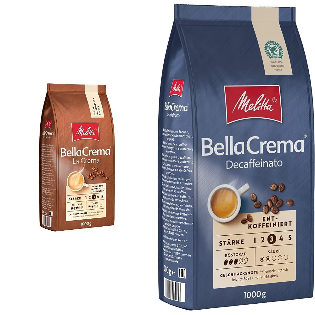Melitta BellaCrema La Crema zrnková káva 1 kg a BellaCrema Decaffeinato zrnková káva bez kofeinu 1 kg