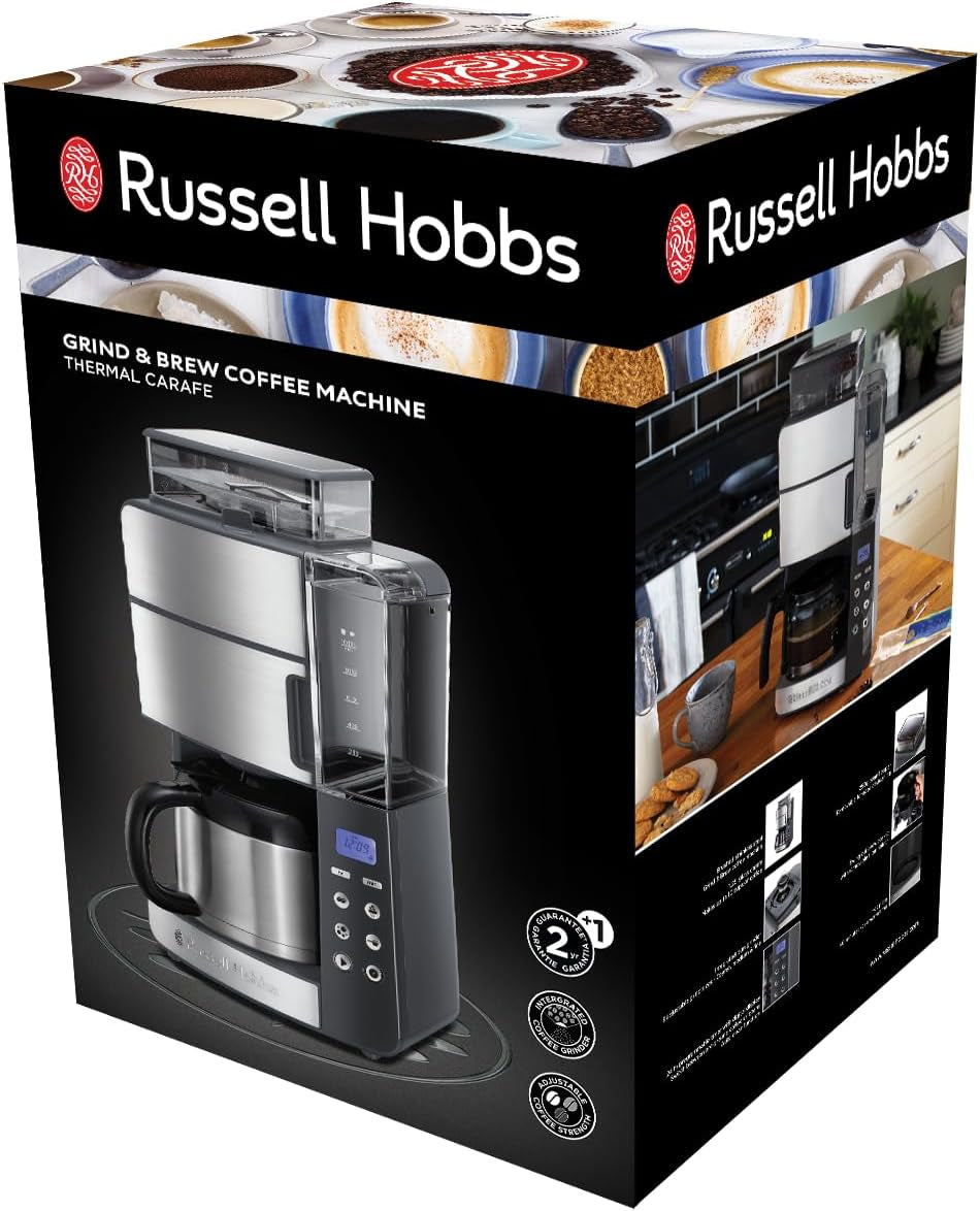 Kávovar Russell Hobbs s mlýnkem a termo karafou [Digitální časovač, sprchová hlavice pro optimální extrakci a aroma] Grind&Brew (1-10 šálků, 3 nastavení mletí) Filtrační kávovar 25620-56