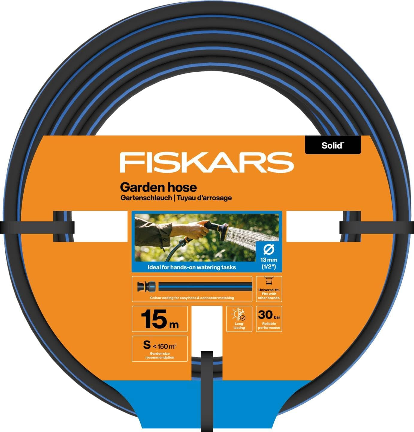 Zahradní hadice Fiskars S, pevná, Vodní hadice pro ruční zavlažování, 13 mm (1/2"), Délka: 15 m, Univerzální připojení, UV ochrana, Ochrana proti mrazu, Odolná proti kroucení, Modrá, 1076049
