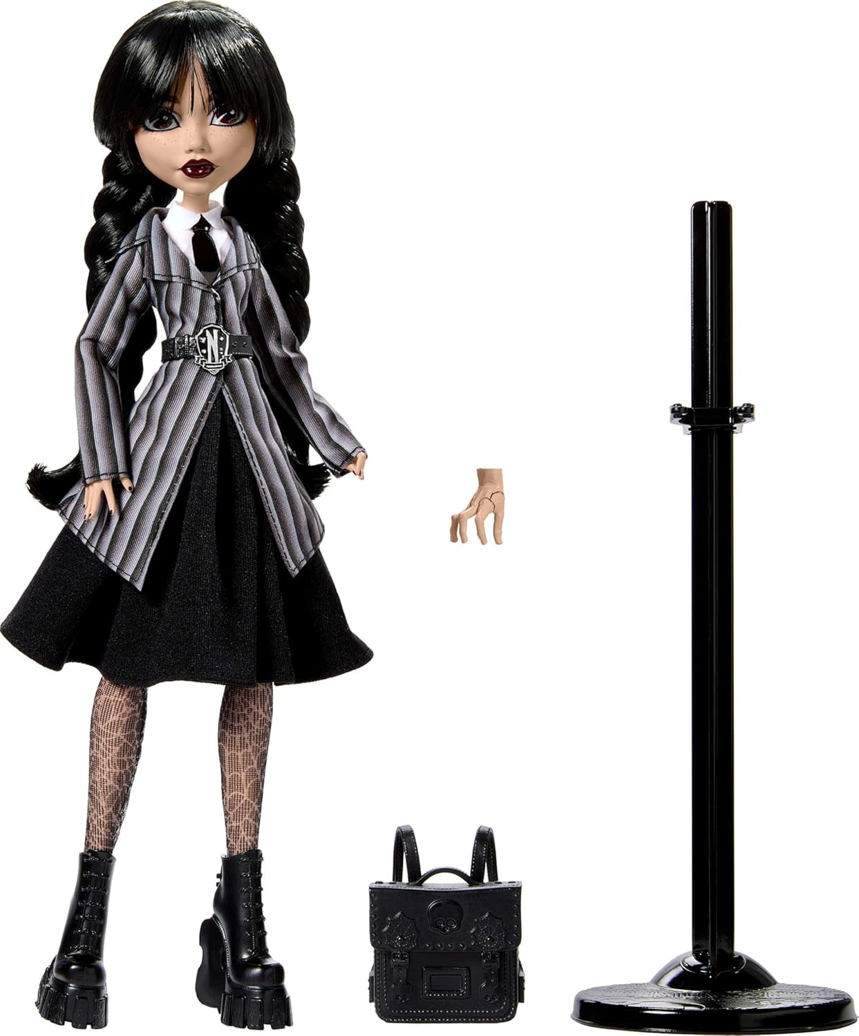 Monster High Wednesday Puppe and Accessoires, Wednesday Addams Sammelfigur in Nevermore Academy Uniform s Eiskaltem Händchen und Rucksack, Puppenständer, HXJ04