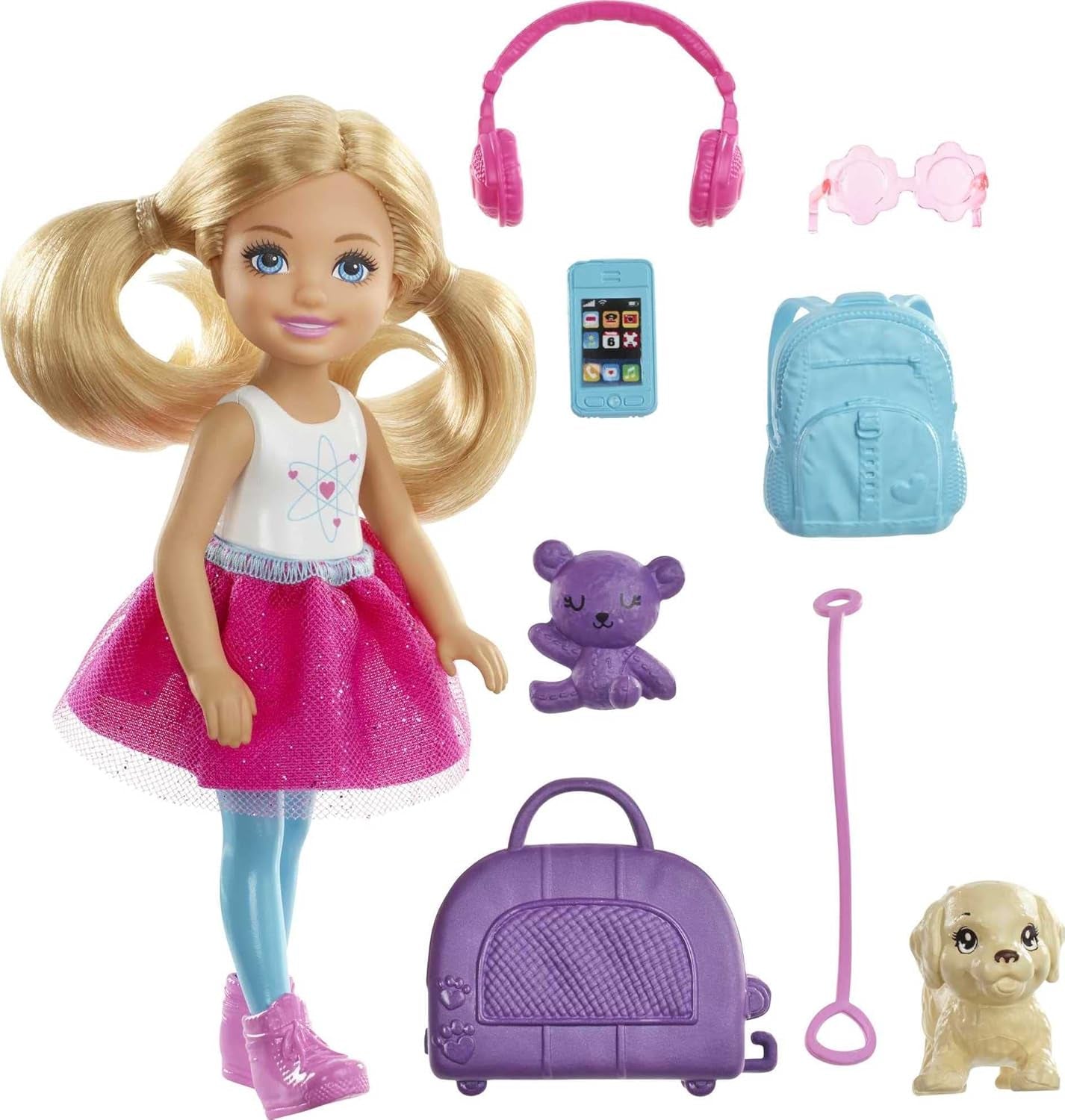 Hračka Barbie panenka Chelsea a doplňky Psí cestovní sada 6 kusů včetně stojanu HJY17 Naty Shop Dolls Chelsea Dog Doll