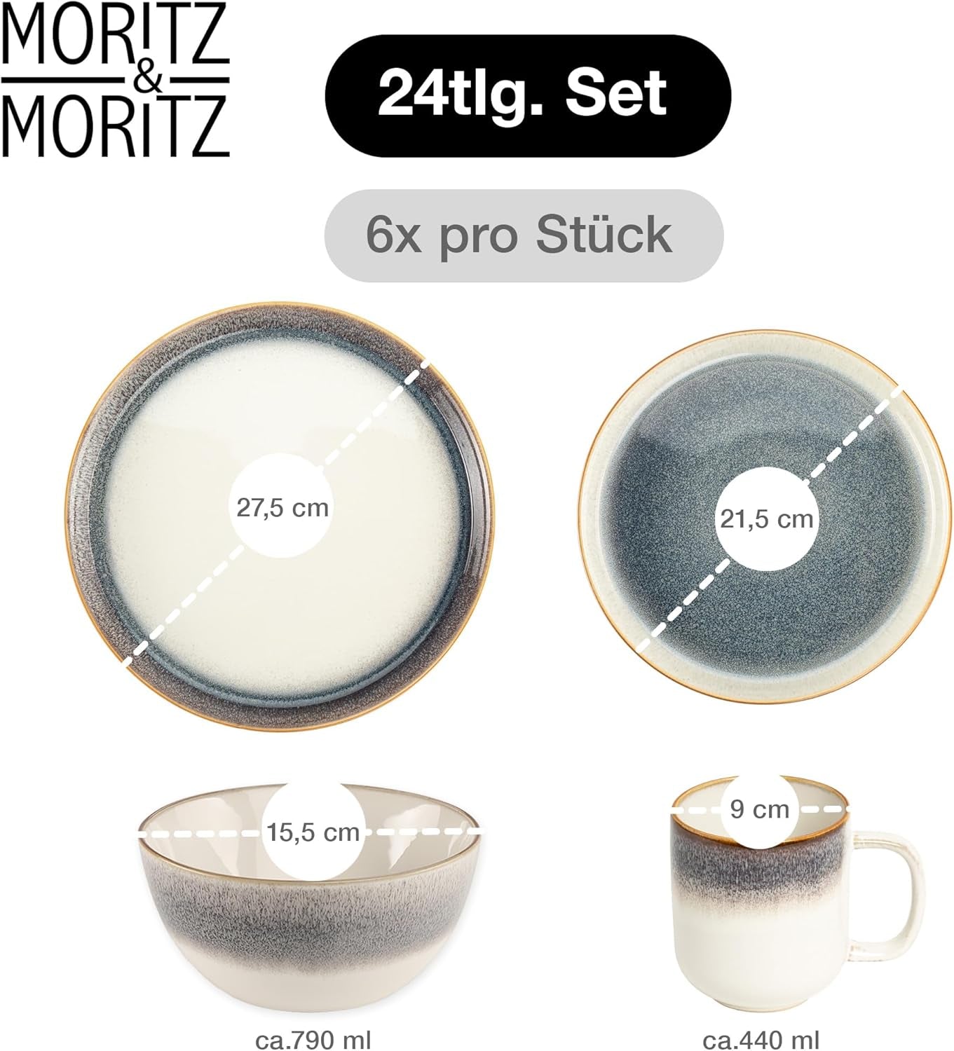Moritz & Moritz TARENTO 24dílná sada nádobí pro 6, šedá - Elegantní vysoce kvalitní sada kameninových talířů - Sada nádobí obsahuje 6 talířů, 6 dezertních talířů, 6 talířů a 6 šálků